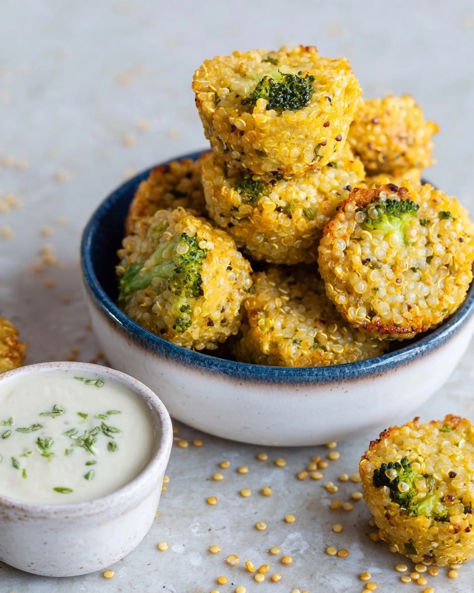 The image shows small, round quinoa and broccoli bites with a golden-yellow color, sitting stacked in a white bowl with a blue inside. The bites have visible green broccoli pieces and tiny quinoa grains throughout, with a slightly crispy texture on the edges. In the center of the bowl is a small white sauce cup filled with a creamy white dip with little green herbs inside. Around the bowl, a few more quinoa broccoli bites are scattered on a white marbled surface with some quinoa grains spread around. Photo taken with an iphone --ar 4:5 --v 7