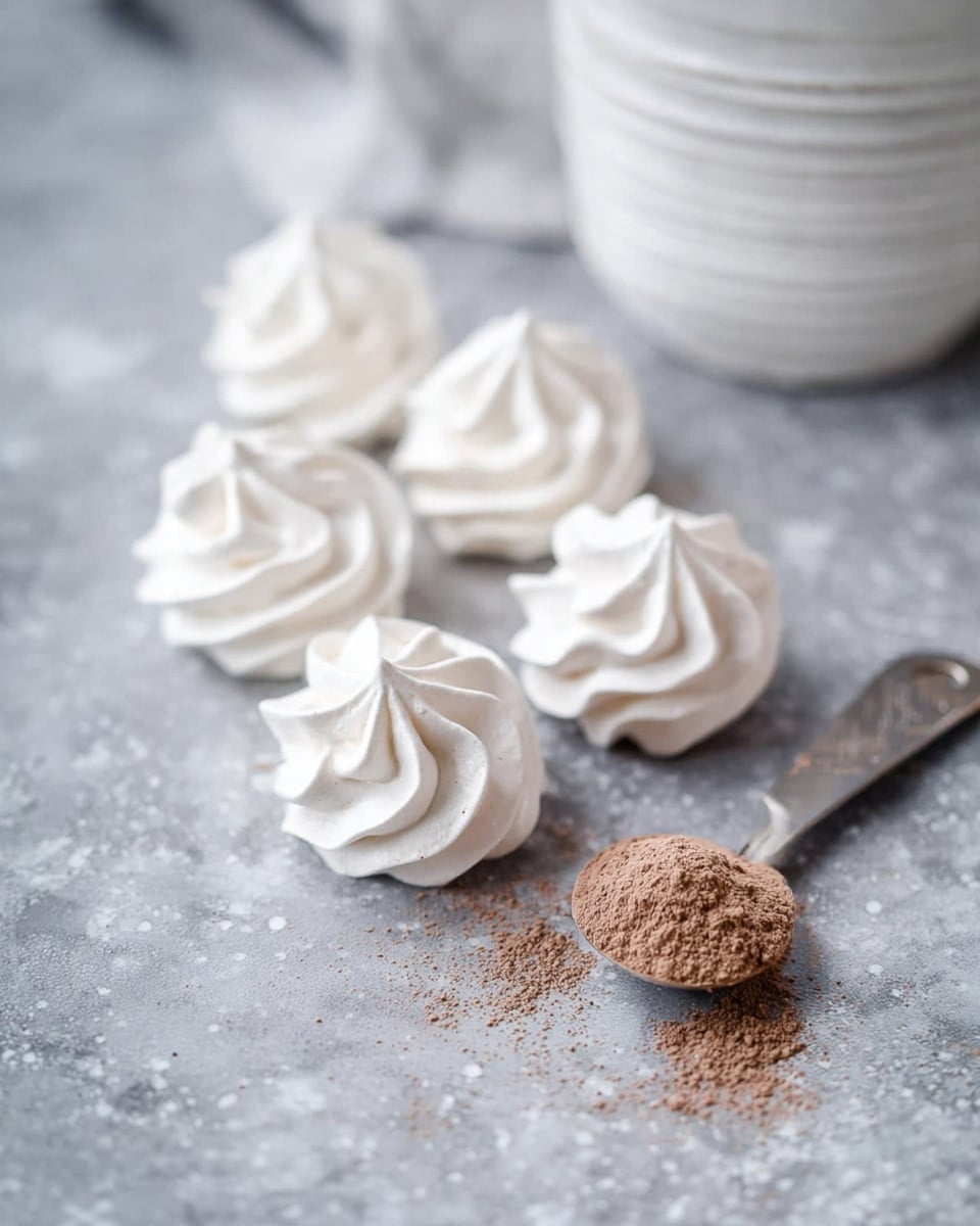 The image shows five small swirled meringues, all white with a light, airy texture and delicate peaks, placed on a flat gray surface with a slight roughness and specks. To the right, a metallic measuring spoon contains some fine brown powder, with a small pile of the same powder beside it. In the background, a white ceramic container holds more of the powder, softly blurred to keep focus on the meringues in front. The arrangement is simple and clean, highlighting the fine detail of the meringues and the ingredients around them. Photo taken with an iphone --ar 4:5 --v 7