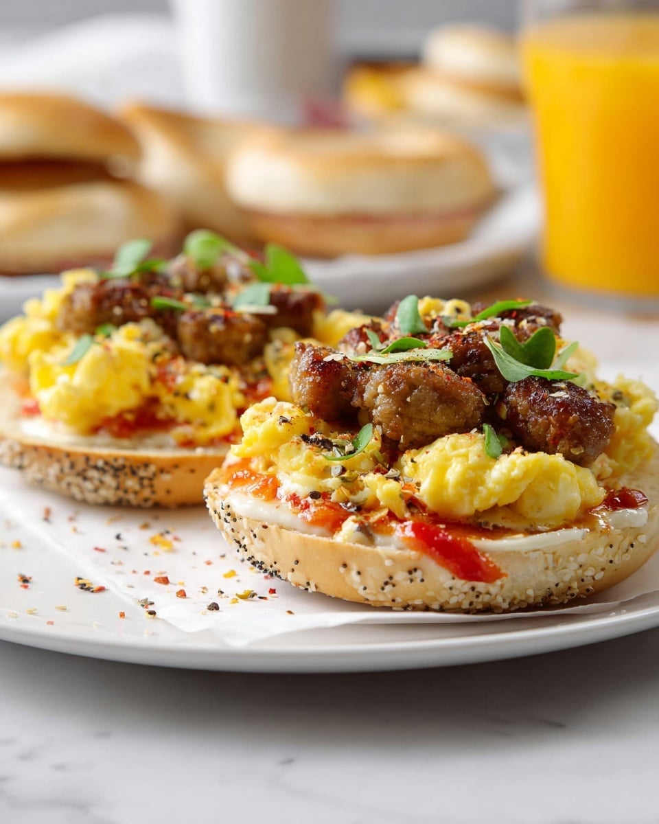 Two sandwiches sit on white parchment on a white plate, each with three visible layers: a bottom layer of a toasted sesame and poppy seed white bagel cut in half, a middle layer of melted white cheese and red bits on a light red sauce, and a top layer of fluffy yellow scrambled eggs topped with browned sausage pieces and green leaves. The sandwiches are sprinkled with black pepper flakes. In the blurred background, another sandwich and a glass filled with an orange liquid are visible on a white marbled surface. Photo taken with an iphone --ar 4:5 --v 7