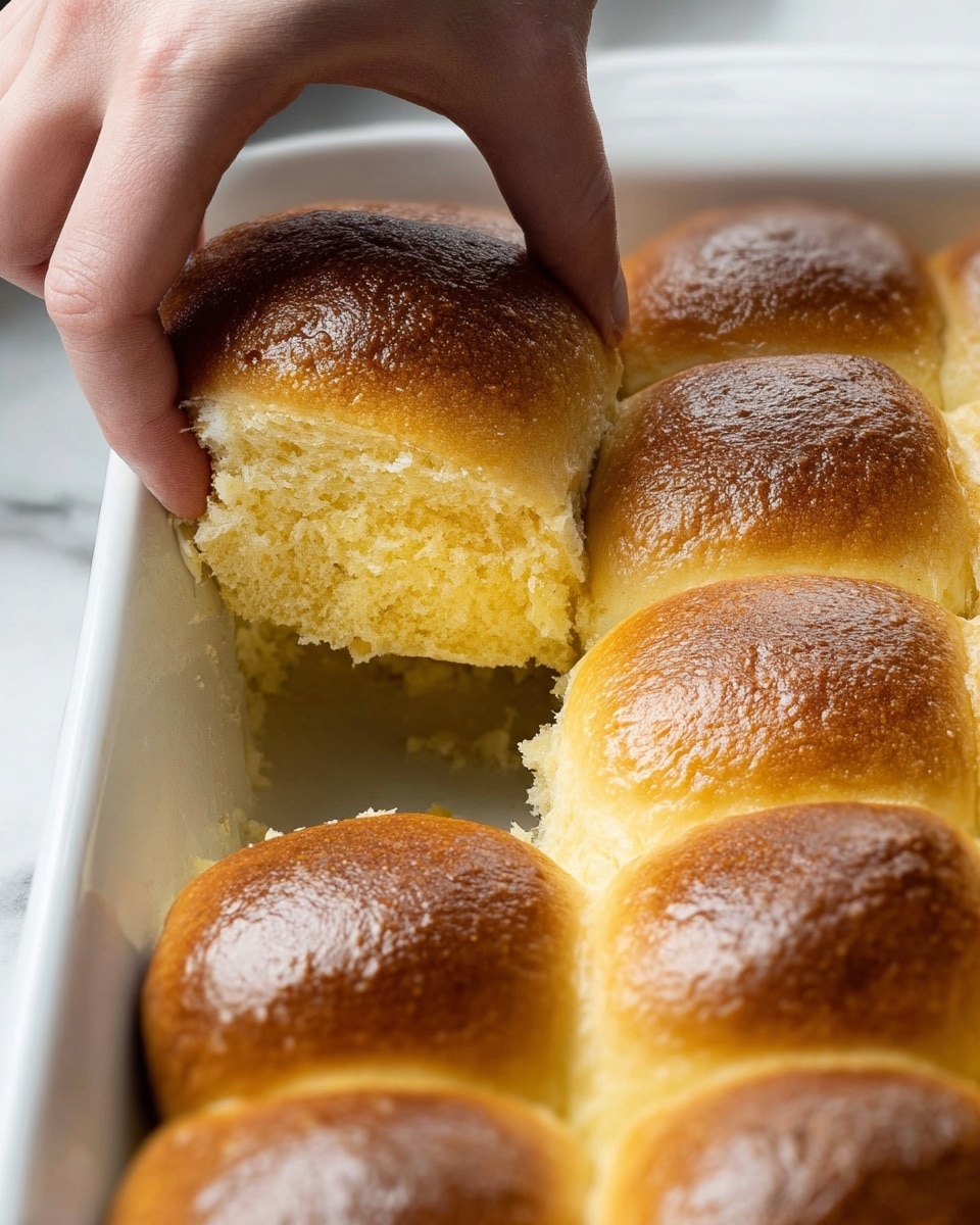 A close-up image of six golden brown dinner rolls arranged tightly in a white baking dish, each roll with a shiny, slightly textured crust. A woman's hand is gently pulling one roll away from the group, revealing the soft, crumbly, light yellow inside of the roll. The baking dish sits on a white marbled textured surface, and the photo captures the warm, fresh-out-of-the-oven look of the rolls. photo taken with an iphone --ar 4:5 --v 7