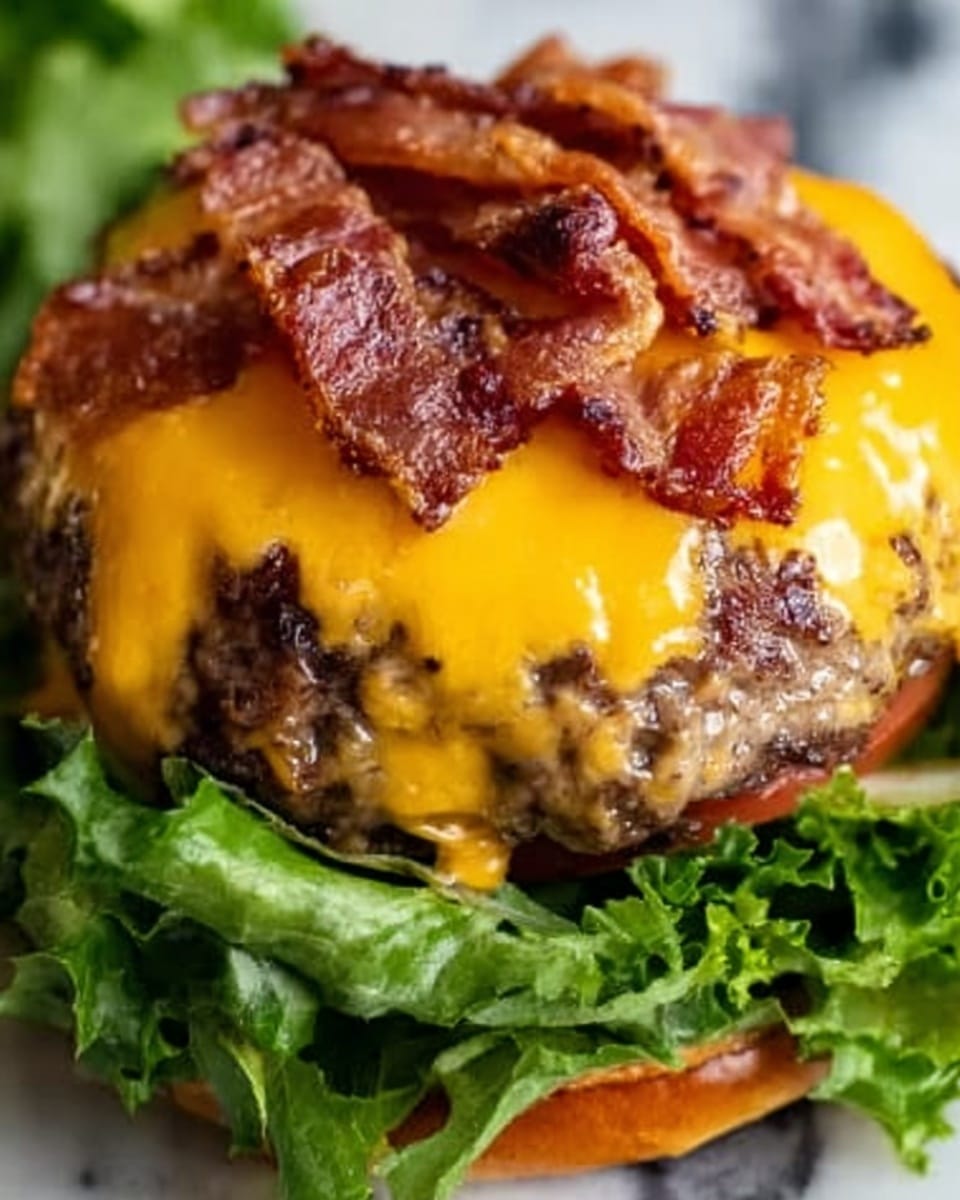 A close-up image of a thick burger patty topped with bright orange melted cheddar cheese that covers the entire surface of the patty. Crispy strips of brown bacon are layered on top, adding texture and rich color contrast. The burger sits on a bed of fresh green leafy lettuce that peeks out from underneath the patty. The background features a white marbled surface, creating a clean and simple setting. Photo taken with an iphone --ar 4:5 --v 7