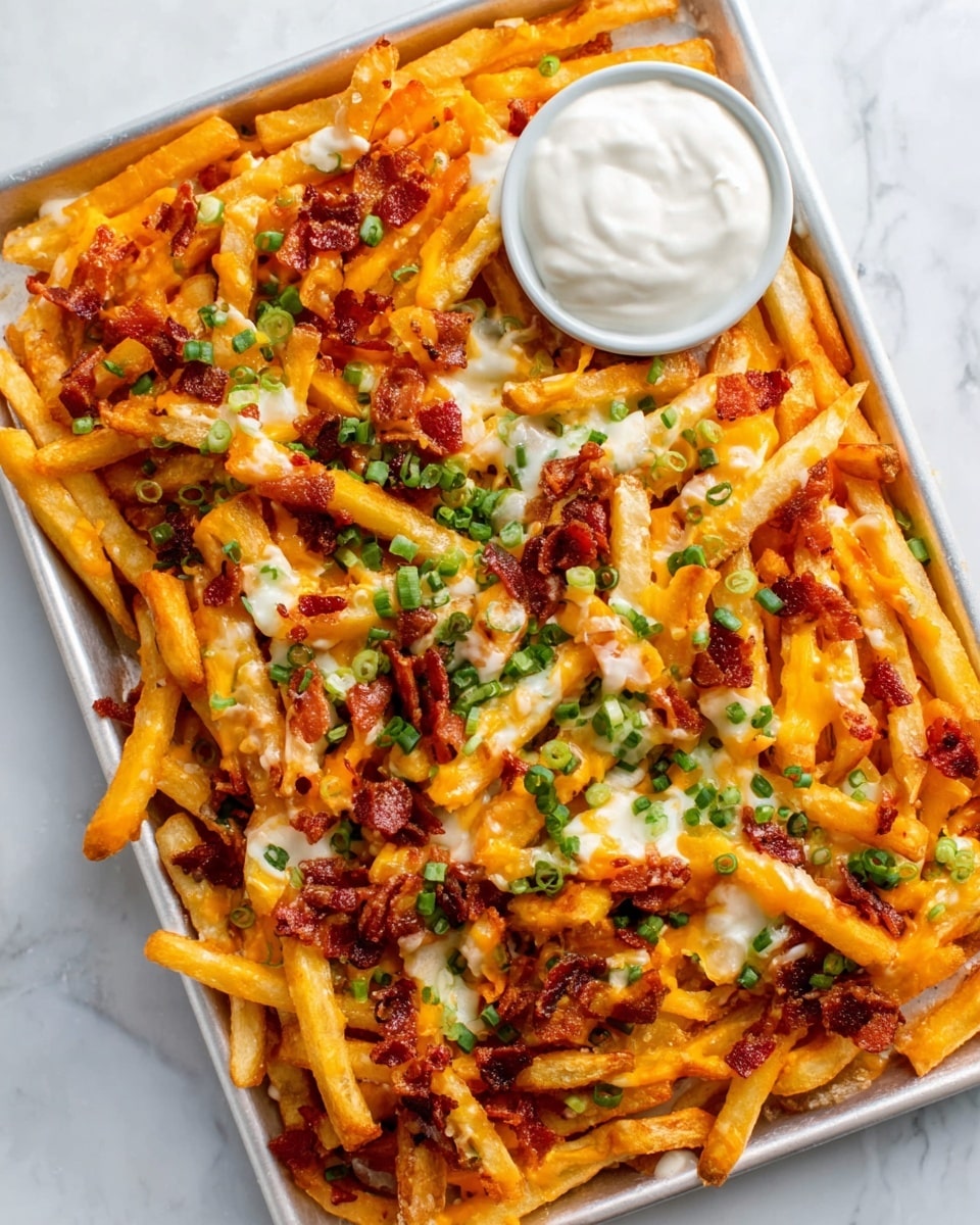 A white rectangular tray filled with crispy golden fries topped with melted orange cheddar cheese, small pieces of brown cooked bacon, and chopped fresh green onions scattered evenly on top. There is a small white round bowl filled with creamy white sour cream placed on the upper right corner of the tray. The tray is set on a white marbled surface. photo taken with an iphone --ar 4:5 --v 7