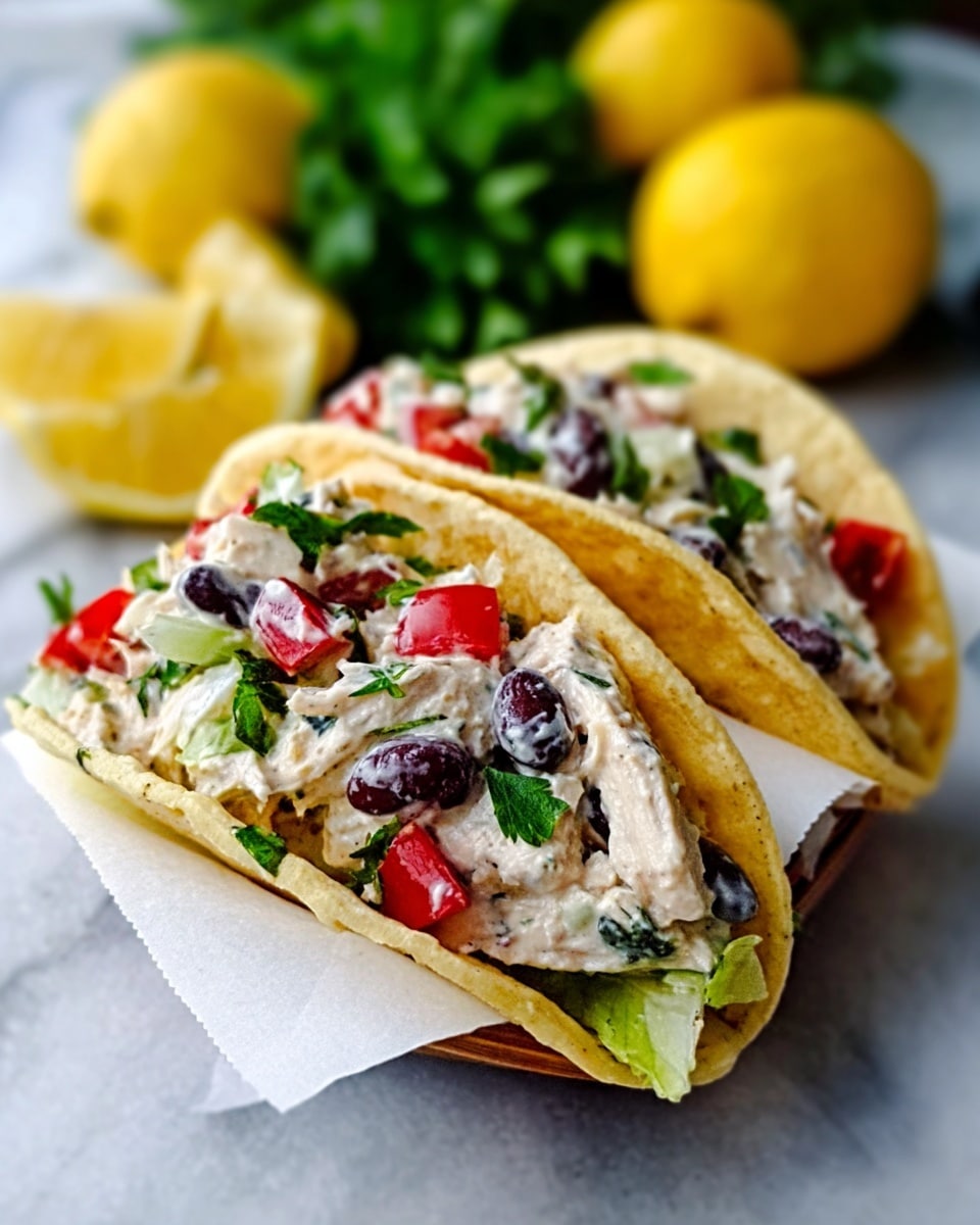 Two soft, light golden tacos are placed side by side on a white plate lined with white paper. Each taco is filled with a creamy chicken salad that has visible pieces of white chicken, bright red chopped tomatoes, dark black beans, and chopped fresh green herbs. The chicken salad looks rich and chunky with a smooth sauce binding the ingredients. The background shows a white marbled surface with some bright yellow lemon halves and green parsley blurred behind. The overall look is fresh and colorful, with the tacos slightly open on top to show the filling, photo taken with an iphone --ar 4:5 --v 7