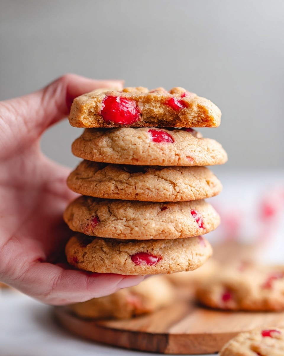 A close-up of a woman's hand holding a stack of six soft cookies, each cookie light golden brown in color with bright red cherry pieces embedded throughout, the texture looking slightly chewy and thick. In the blurred background, there is a white marbled surface with more cookies stacked on a wooden board and one cookie lying flat, with soft natural light highlighting the details. Photo taken with an iphone --ar 4:5 --v 7