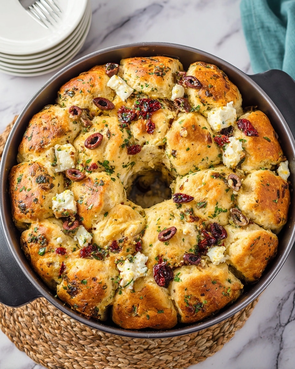 A round bundt pan filled with golden brown baked biscuit pieces arranged in a circle, each biscuit puffed and layered with green herbs sprinkled on top. Scattered black olive slices and red dried tomato bits add contrast, along with small white cheese chunks nestled between the biscuits. The texture shows flaky, soft bread with melted cheese pooling slightly around the biscuits. The pan sits on a white marbled surface with a woven mat and stacked white plates beside it. photo taken with an iphone --ar 4:5 --v 7