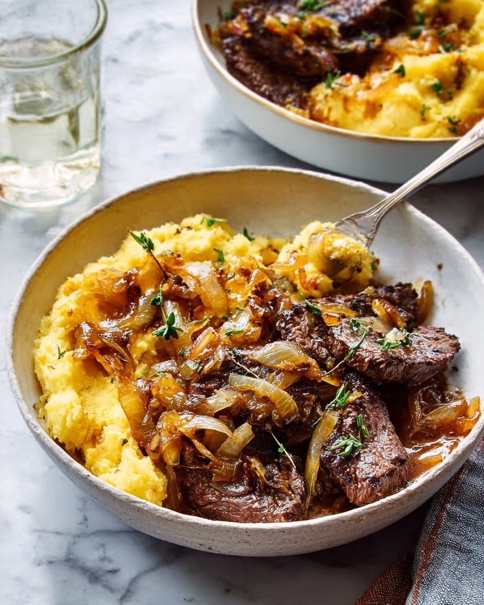 A white bowl is filled with a serving of brown cooked beef slices topped with glossy caramelized onions and some small green herbs scattered on top. Beside the beef is a golden brown mash with a slightly crispy texture and a fork placed inside it. In the background, another white bowl contains more of the golden brown mash with bits of caramelized onions mixed in. The bowls are set on a white marbled surface with a glass of water partially visible near the top. Photo taken with an iphone --ar 4:5 --v 7