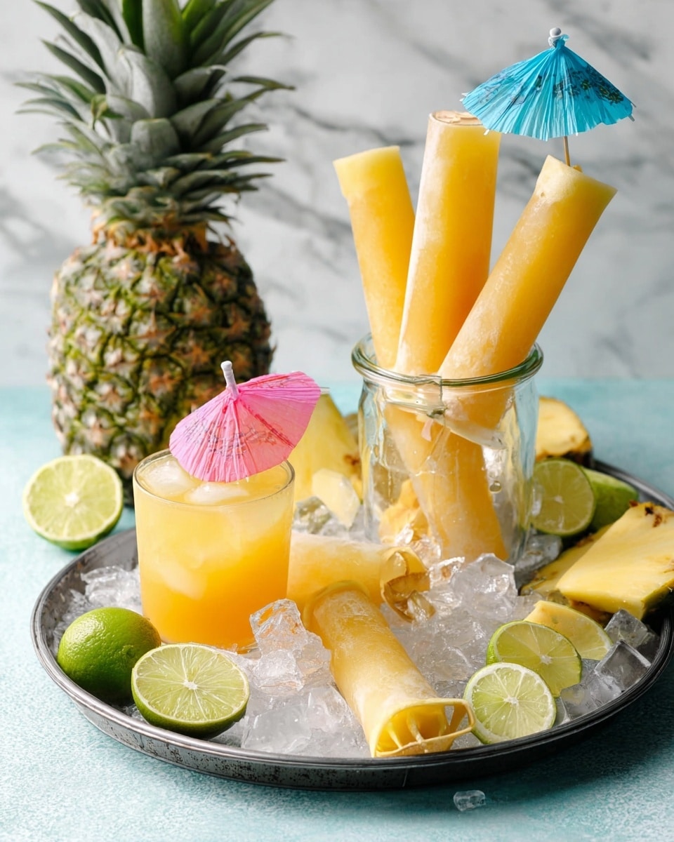The image shows a metal tray filled with ice cubes and several yellow frozen popsicles in clear plastic sleeves, three standing upright inside a clear glass jar and two lying on the ice next to it. In front of the jar, there is a short glass filled with a yellow-orange drink and ice, decorated with a small pink paper umbrella. Around the tray, there are lime halves and fresh pineapple chunks, with a whole pineapple and a lime in the background. A blue paper umbrella is stuck in the ice near the popsicles. The setting is on a white marbled texture surface. photo taken with an iphone --ar 4:5 --v 7