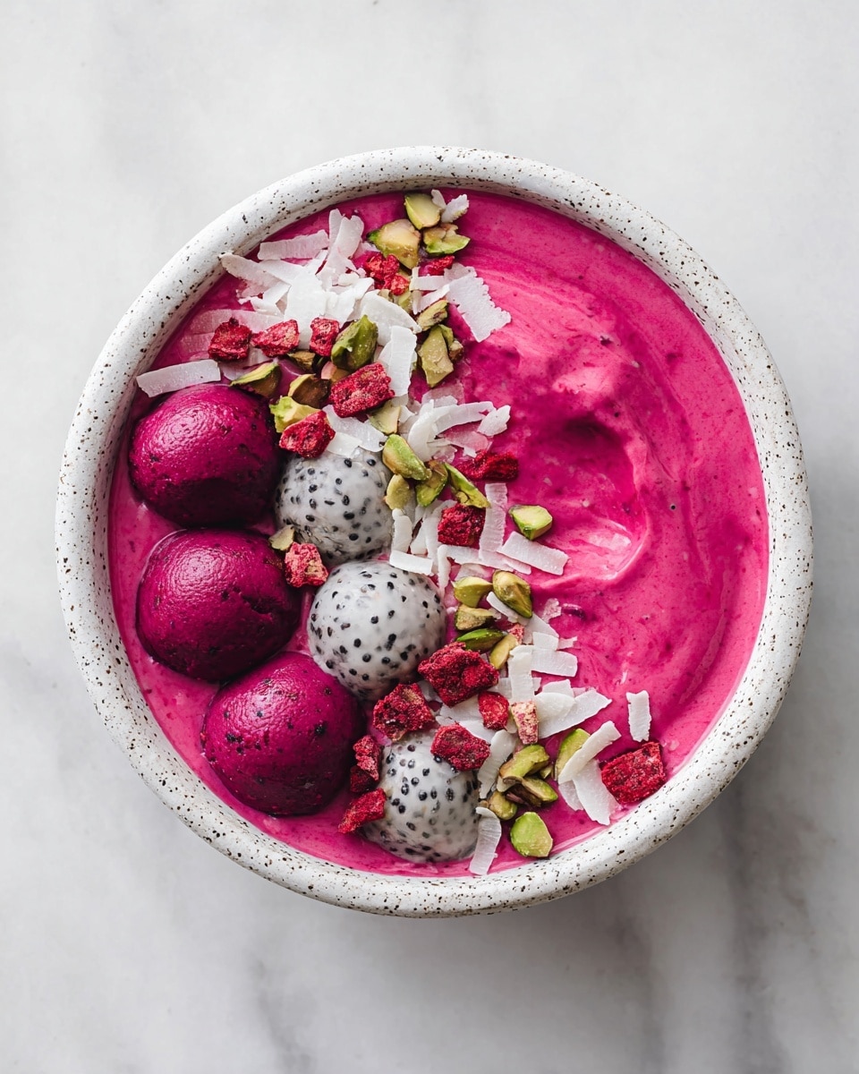 A white speckled bowl holds a smooth, thick, bright pink smoothie base filling most of the bowl. On one side, there are five rounded scoops, three deep magenta and two pale gray with small black seeds, arranged in a diagonal line. The top is sprinkled with white shredded flakes, bright red dried berries, and small chunks of light green pistachios, adding texture and color contrast. The bowl sits on a white marbled surface. photo taken with an iphone --ar 4:5 --v 7