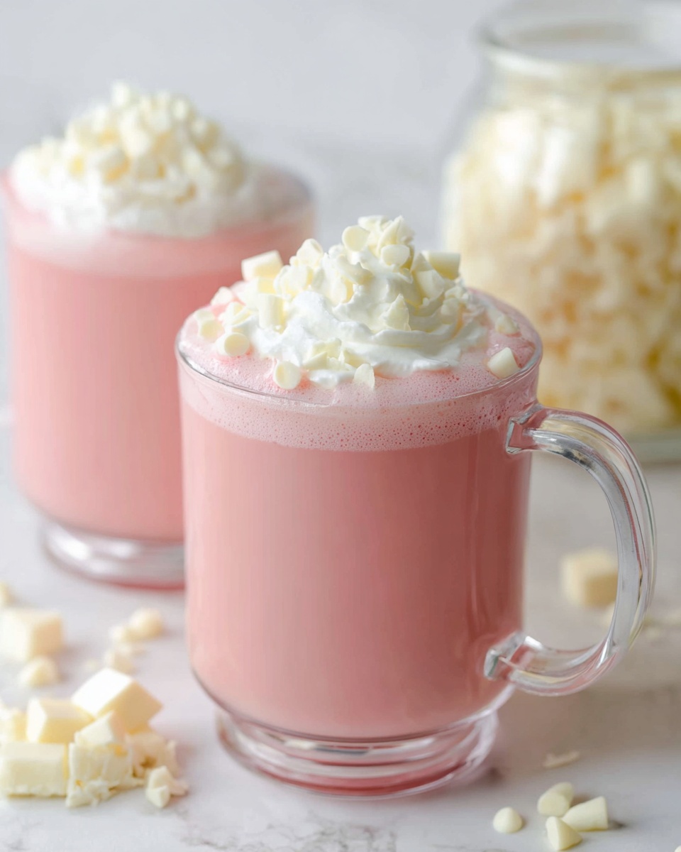There are two clear glass mugs filled with a smooth, creamy pink drink. Each mug has a thick, white whipped cream layer on top, which is decorated with small white chocolate curls. In the background, there is a glass jar with white chocolate pieces. The mugs are placed on a white marbled surface, with some white chocolate curls scattered around them. The light is soft and natural, highlighting the pastel pink color of the drink and the fluffy texture of the whipped cream. photo taken with an iphone --ar 4:5 --v 7