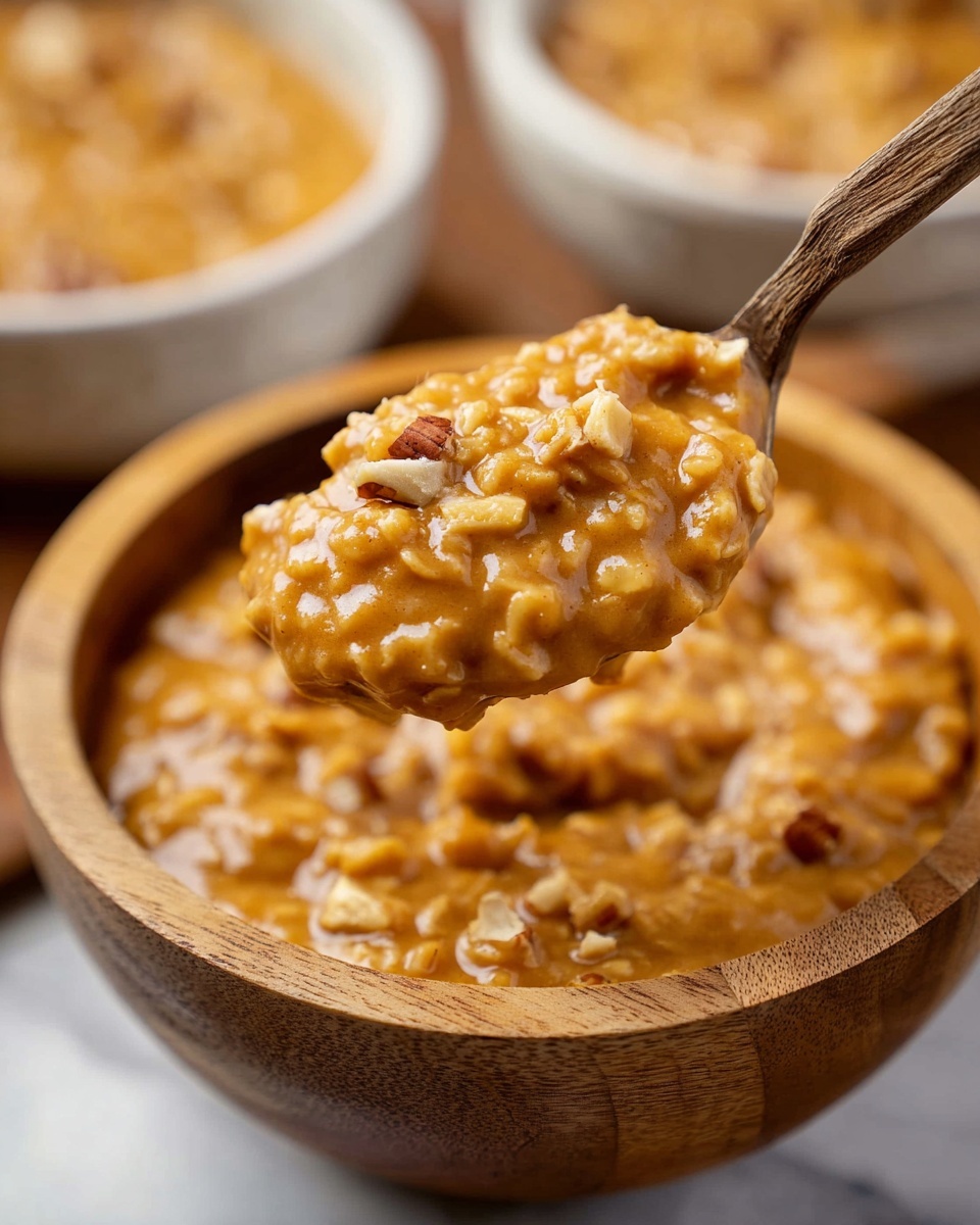 A close-up view of a spoon holding a generous scoop of thick, creamy oats mixed with pumpkin, showing the orange-brown color and soft texture with visible grains and small pieces of nuts. The spoon is above a wooden bowl filled with the same thick, creamy oatmeal, which has a smooth, slightly glossy surface and a rich orange hue. The background includes blurred white-bowled dishes filled with similar oats and nuts. The setting is on a white marbled surface. photo taken with an iphone --ar 4:5 --v 7