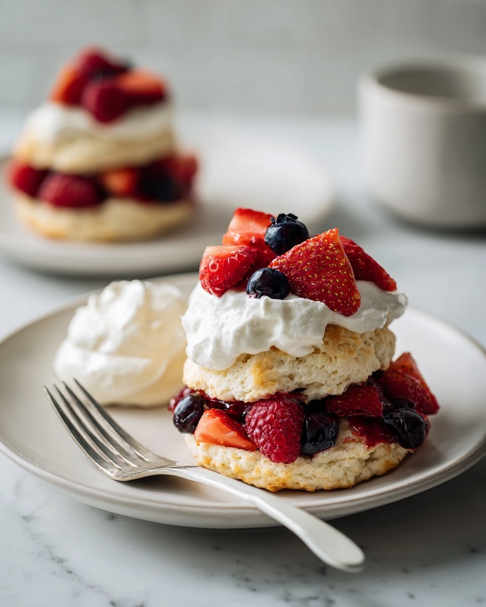 The image shows a white plate on a white marbled surface holding a biscuit divided into two layers: the bottom layer is golden brown and crumbly, topped with a mix of fresh red strawberries, red raspberries, and dark blue blueberries, which adds color and juiciness between the biscuit layers. The top biscuit layer is placed slightly tilted on top of the berries, revealing the fruit underneath. A large dollop of white whipped cream sits to the left side on the plate. A white-handled fork lies next to the plate on the right side. In the blurred background, another similar biscuit with berries and whipped cream is visible on a matching white plate. photo taken with an iphone --ar 4:5 --v 7