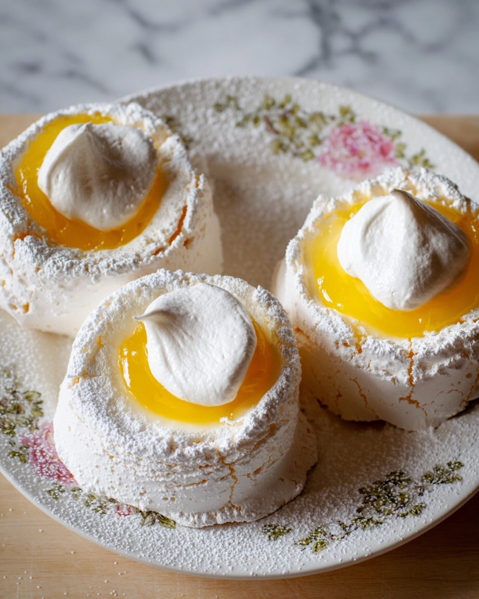 The image shows three round desserts on a white plate with floral patterns. Each dessert has three visible layers: the bottom layer is a white, fluffy meringue base with a rough, cracked texture; the middle layer is a smooth, bright yellow lemon curd filling sitting in the hollow of the meringue; the top layer is a dollop of soft white whipped cream placed on one side of the lemon curd. The meringue and plate are dusted lightly with powdered sugar. The plate is set on a white marbled surface photo taken with an iphone --ar 4:5 --v 7