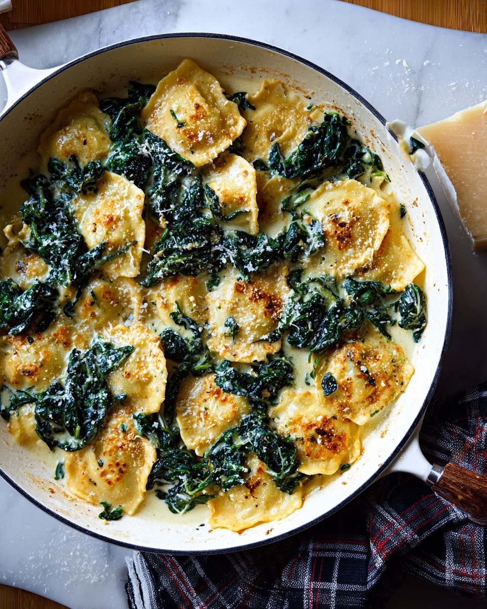 The image shows a white skillet filled with ravioli pasta cooked in a creamy sauce with wilted dark green spinach spread around and on top. The ravioli are golden-brown on the edges and have a slightly crispy texture from being cooked in the cream sauce. The skillet is placed on a white marbled surface with a piece of light-colored cheese and a plaid cloth nearby. Photo taken with an iphone --ar 4:5 --v 7