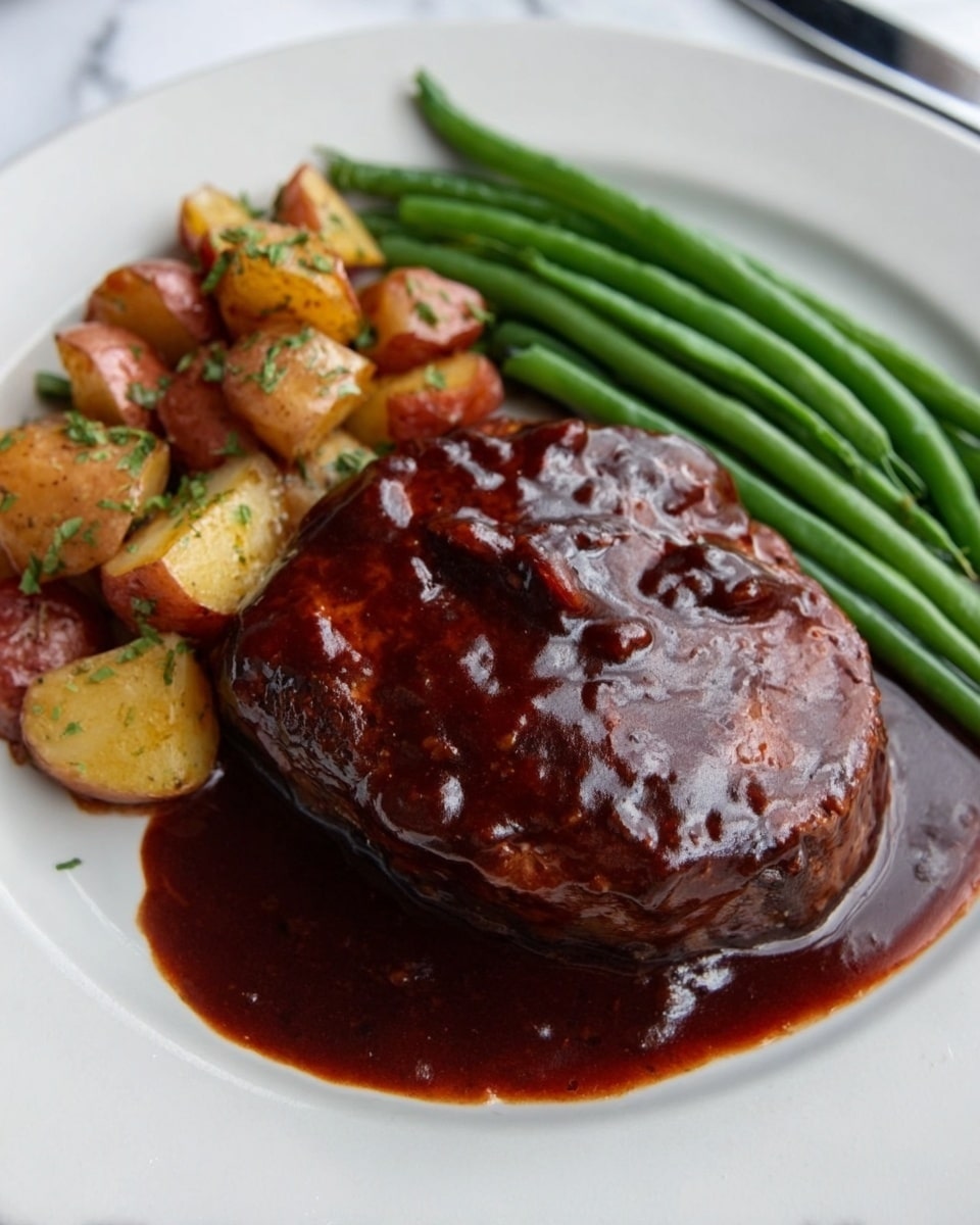The dish features a thick, round steak covered with a shiny dark brown sauce that pools slightly on the white plate. To the left of the steak, there is a neat row of bright green beans, smooth and fresh-looking. Next to the green beans, there are small, chunky roasted potatoes with golden and reddish tones, sprinkled lightly with herbs. The food is placed on a white plate sitting on a white marbled surface. Photo taken with an iphone --ar 4:5 --v 7