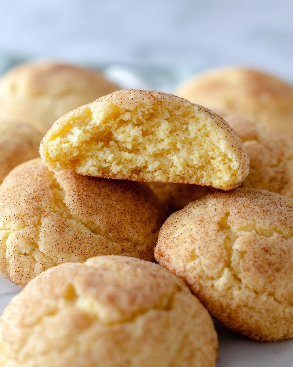 A close-up view of several soft, round cookies with a light golden brown color, showing a slightly cracked and textured surface with a dusting of cinnamon sugar. One cookie is broken in half and placed on top, revealing a soft, moist, and fluffy inside with a pale yellow color. The cookies are arranged closely together, resting on a white marbled surface in soft natural light. photo taken with an iphone --ar 4:5 --v 7