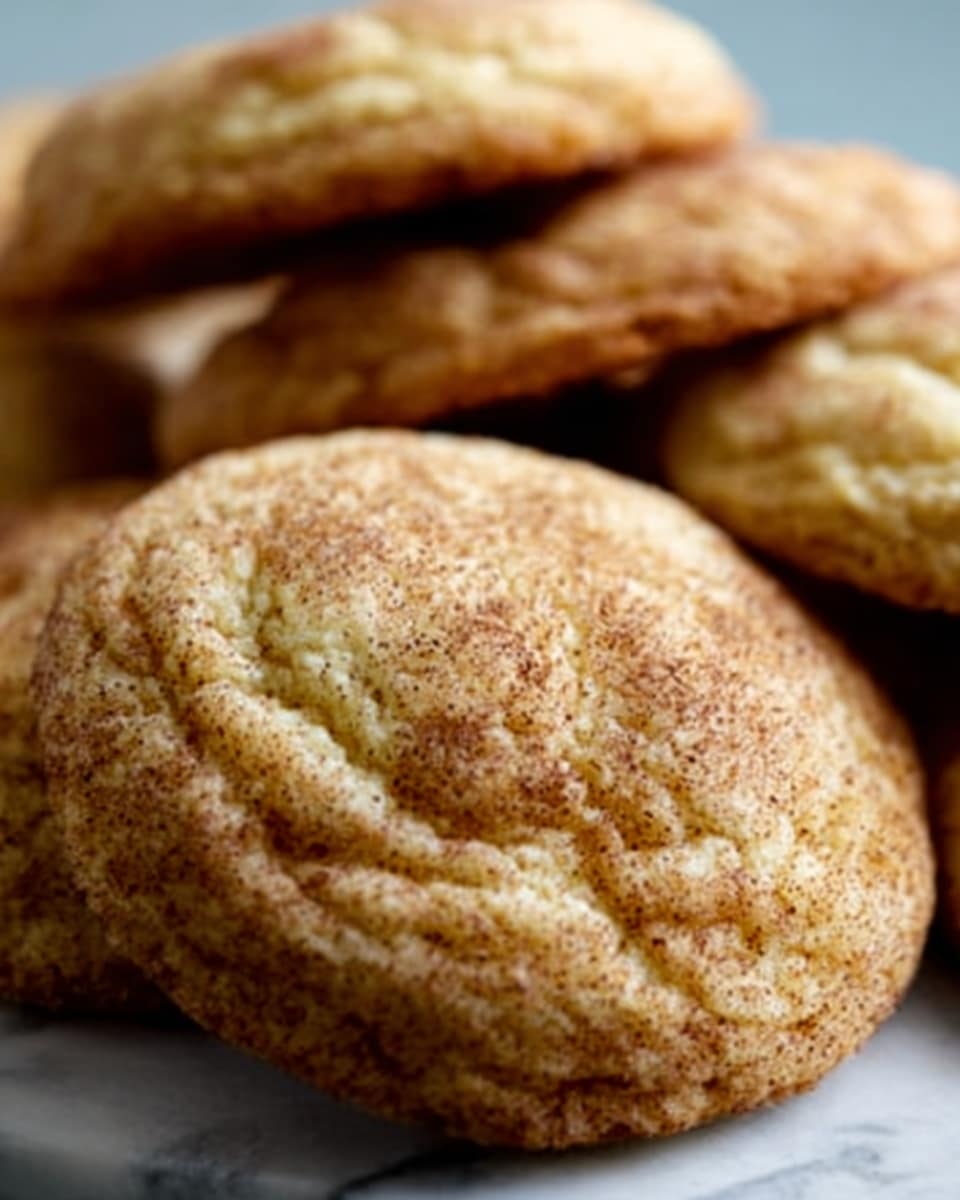 The image shows a close-up of several round cookies with a golden brown color, a slightly cracked and soft-looking top texture, and a light dusting of cinnamon or sugar powder on their surface. The cookies appear thick and fluffy, stacked closely together on a white marbled surface. The focus is on the front cookie, showing its detailed texture and slightly rough edges, while the others blur softly in the background. Photo taken with an iphone --ar 4:5 --v 7