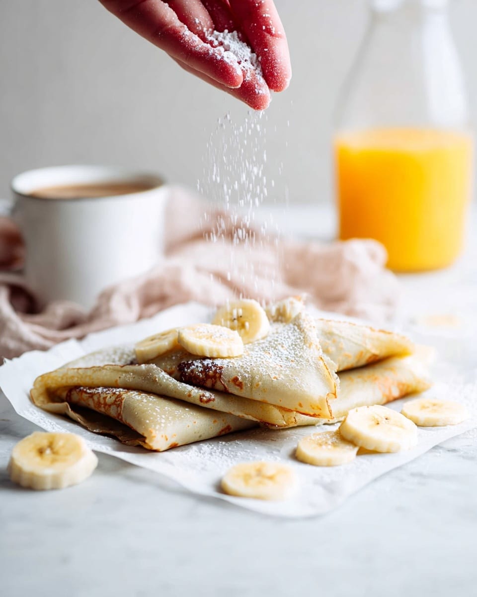A stack of three folded crepes with a light golden-brown color is placed on white parchment paper on a white marbled surface. The crepes are topped with several pale yellow banana slices scattered on and around them. A woman's hand is sprinkling white powdered sugar over the crepes from above. In the background, there is a white cup filled with coffee and a clear glass jug containing orange juice. Photo taken with an iphone --ar 4:5 --v 7