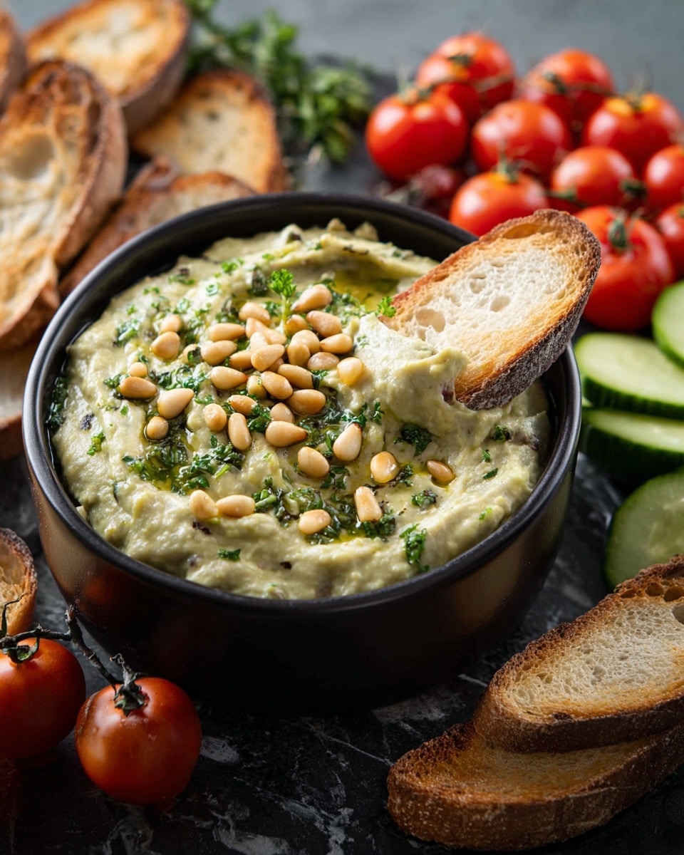 A black bowl filled with a creamy, light green dip topped with golden pine nuts and chopped green herbs, with a slice of toasted bread dipped into it. The bowl sits on a small dark surface with extra toasted bread slices in the background on the right and a cluster of shiny red cherry tomatoes with green stems along with green cucumber slices on the right side. The overall setting is on a white marbled texture. photo taken with an iphone --ar 4:5 --v 7