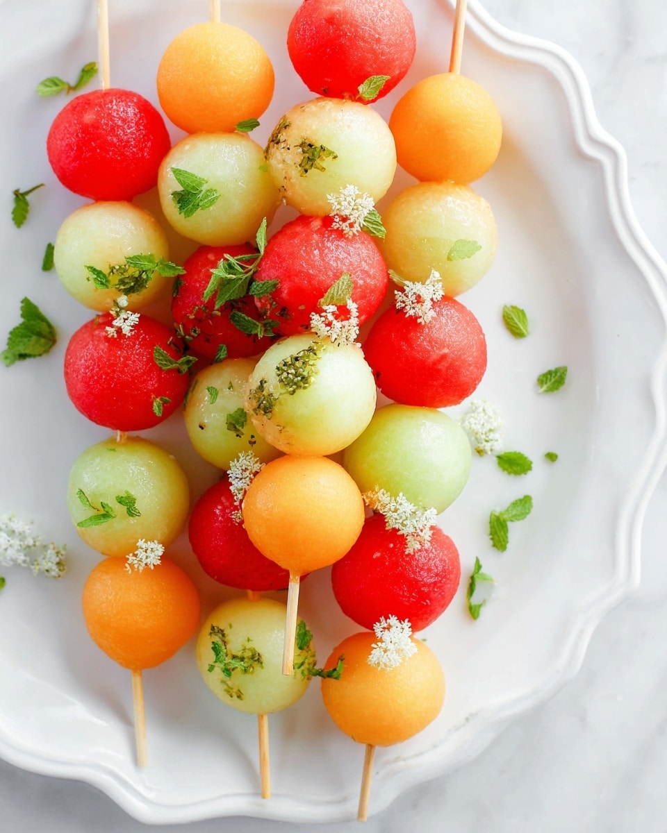 Several wooden skewers hold three layers of round fruit balls each, arranged in a repeating pattern of red watermelon, light green honeydew, and orange cantaloupe from top to bottom. The fruit balls are smooth and juicy, with some small green mint leaves and tiny white flowers sprinkled on top and around the skewers. The skewers rest on a white plate with scalloped edges, which sits on a white marbled surface. The colors are bright and fresh, creating a lively and inviting look. photo taken with an iphone --ar 4:5 --v 7