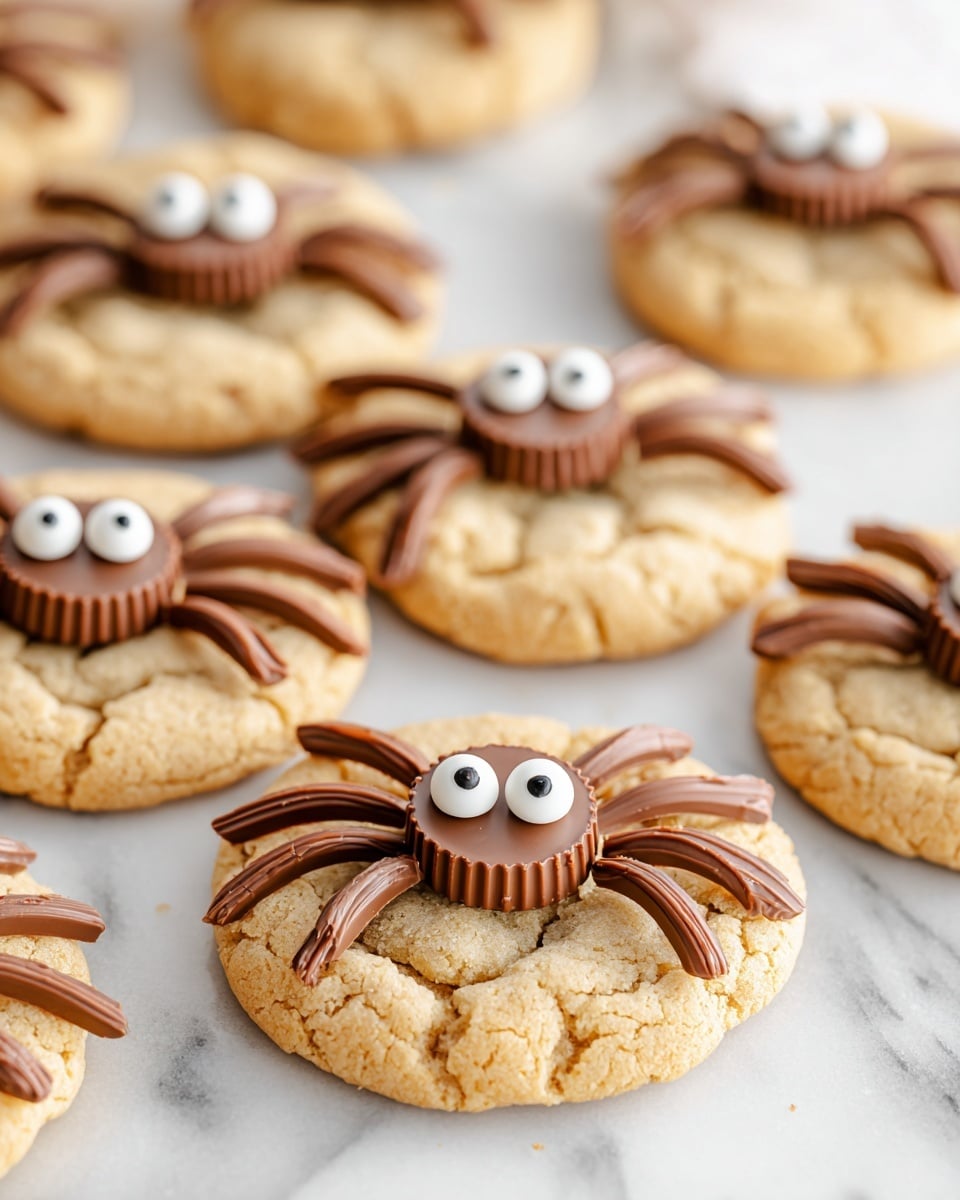 The image shows several round, light golden cookies with a slightly cracked texture. On top of each cookie, there is a chocolate peanut butter cup placed in the center as the spider body. Around the chocolate cup, eight curved chocolate legs extend outward, creating a spider-like shape. Each spider has three small, white candy eyes with black pupils attached at the front of the peanut butter cup. The cookies are arranged close together on a white marbled surface. photo taken with an iphone --ar 4:5 --v 7