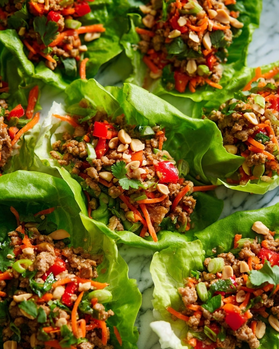 The image shows several lettuce wraps arranged close together on a surface with a white marbled texture. Each wrap has a base layer of bright green, fresh lettuce leaves that curve upward to hold the filling. The filling includes a mix of ground meat colored light brown, finely shredded orange carrots, and bright red bell pepper pieces, creating a colorful and textured contrast against the green lettuce. There are also some chopped peanuts sprinkled on top, adding a crunchy texture. Small green herb leaves, likely cilantro, are scattered among the filling, adding extra color and freshness. The light hits the wraps naturally, enhancing the vibrant colors and fresh textures. photo taken with an iphone --ar 4:5 --v 7