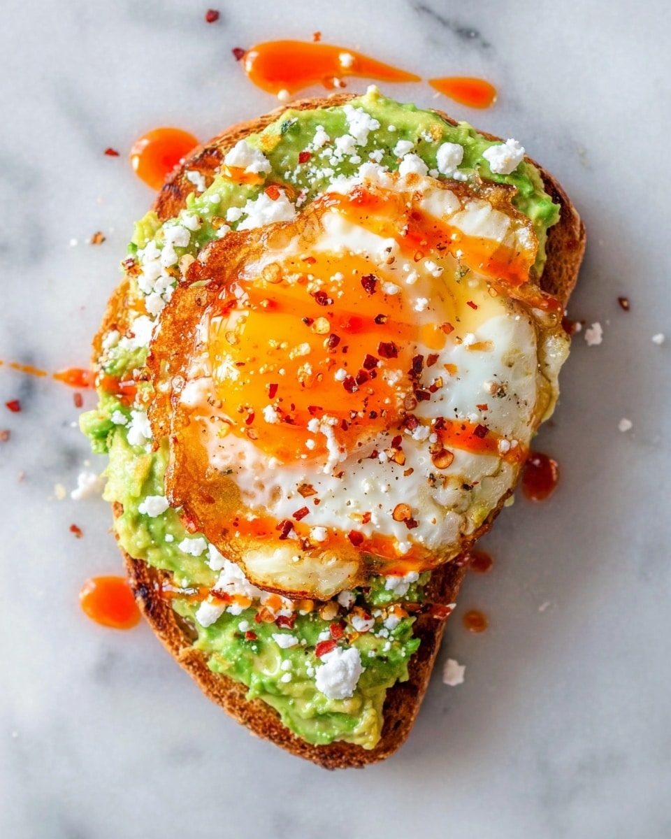 A single piece of toasted bread sits on a white marbled surface, topped with a thick green layer of mashed avocado spread evenly across the bread. On top of the avocado, there is a fried egg with a bright orange yolk and white edges, cooked so the yolk is still soft in the center. The egg is drizzled with a reddish-orange hot sauce, which spreads in small pools around the egg and bread. Small white bits of cheese are scattered generously over the egg and avocado, adding a crumbly texture. Tiny black pepper flakes and some reddish seasoning are sprinkled over the egg for color contrast, creating a vibrant and inviting open-faced sandwich. photo taken with an iphone --ar 4:5 --v 7