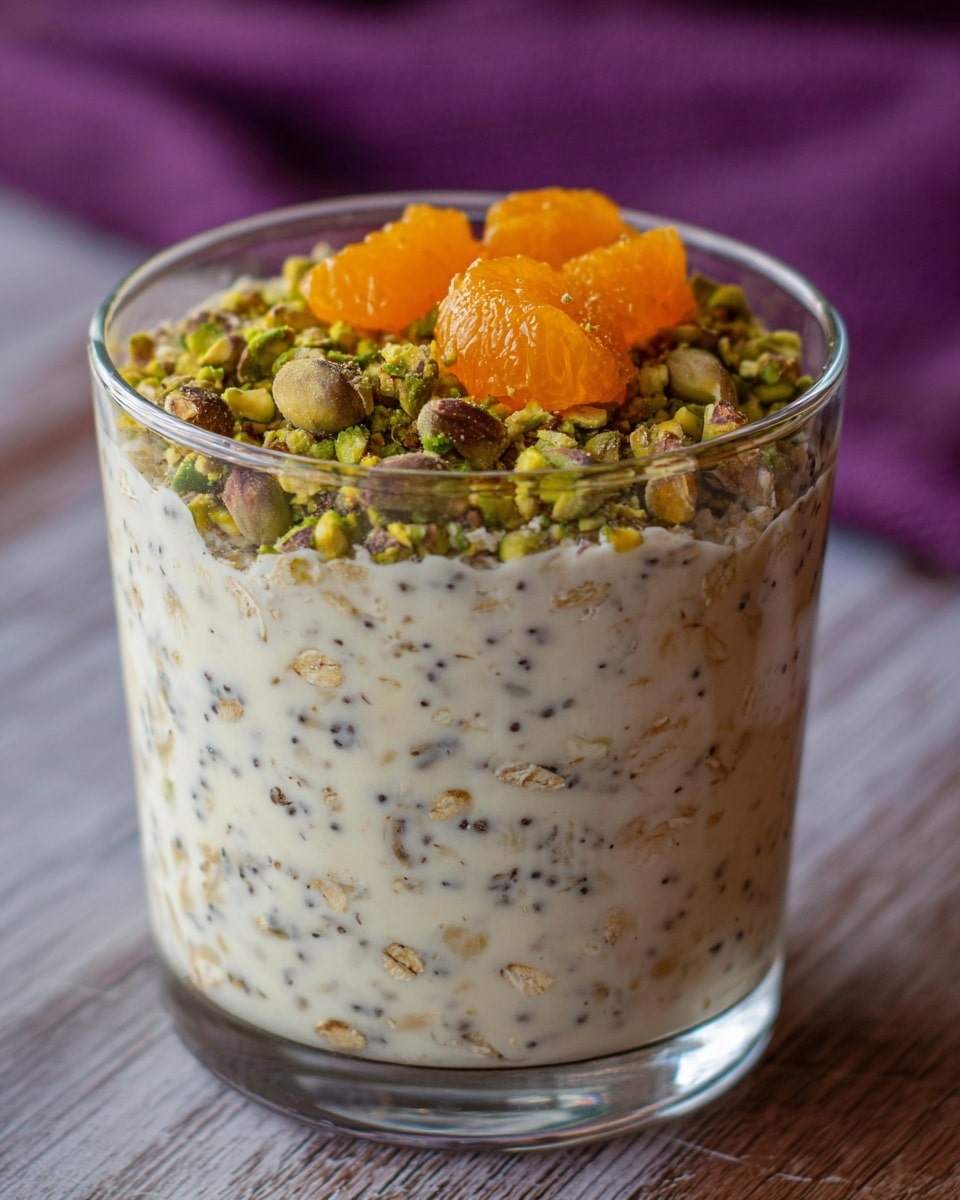A clear glass cup filled with a creamy, speckled mixture that looks like yogurt with small dark seeds and thin pale oat flakes mixed inside. On top of this creamy base, there is a crumbly layer of crushed green pistachio nuts that add a rough texture and a vibrant green color. At the very top, there are a couple of bright orange fruit pieces, likely segments of mandarin or orange, resting on the pistachio layer. The glass sits on a wooden surface, with a blurred purple cloth in the background, but the surface appearance has been changed to white marble texture. photo taken with an iphone --ar 4:5 --v 7