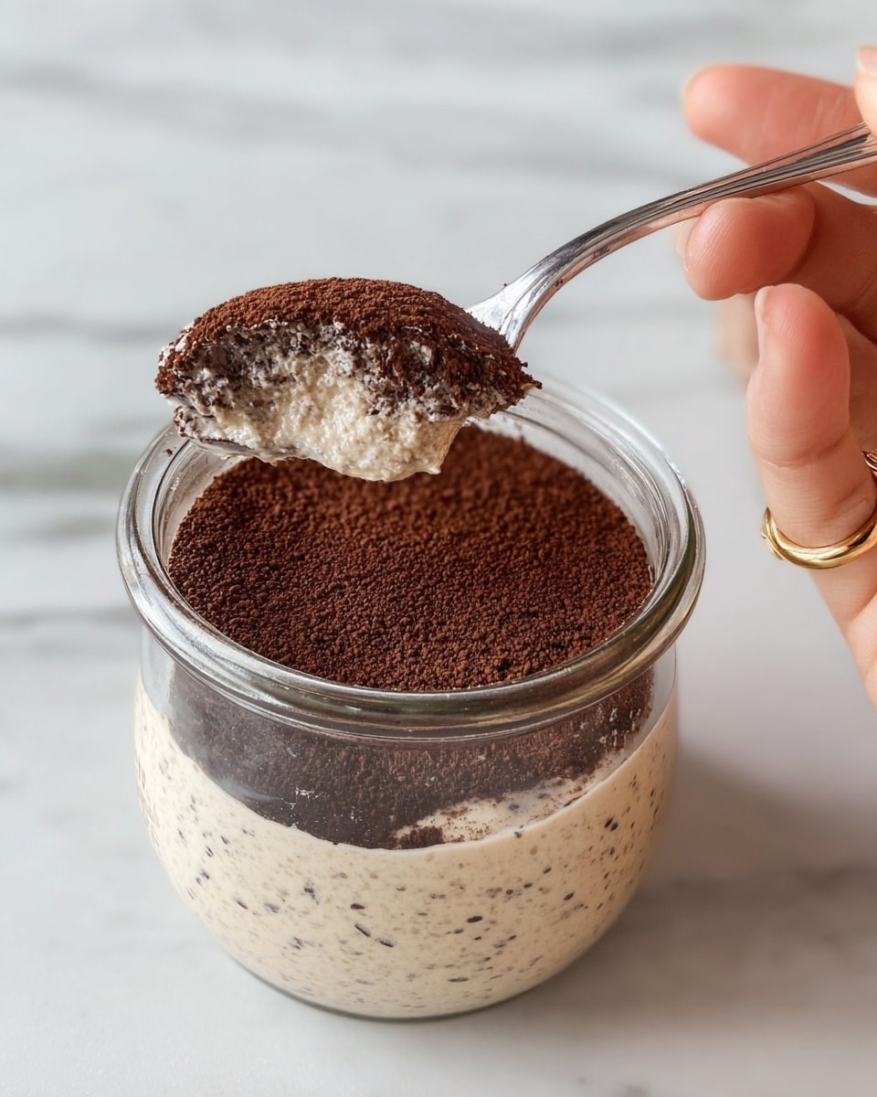 A clear glass jar filled with a two-layer dessert is held by a woman's hand wearing a gold ring. The bottom layer is a creamy beige mixture with tiny dark specks, having a thick and smooth texture. The top layer is a fine, dark brown powder dusted evenly over the cream. A silver spoon lifts a scoop from the jar, showing the cocoa powder layer sitting right on top of the creamy mixture. The background is a white marbled surface. photo taken with an iphone --ar 4:5 --v 7
