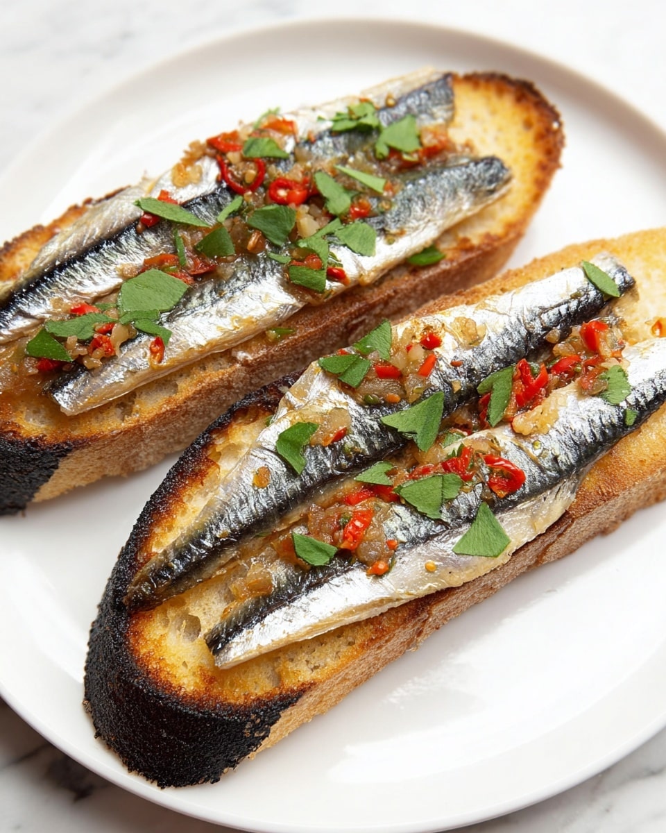 The image shows two long slices of toasted bread on a white plate with a white marbled surface beneath. Each slice has three silver-gray fish fillets laid side by side on top, with some small pieces of red pepper and green herbs scattered over the fish and bread. The lower slice of bread is darker and more charred than the top slice, which is lighter brown and more evenly toasted. The textures include the crunchy crust of the bread, the shiny and slightly oily fish skin, and the soft, small chopped vegetables and herbs as garnish. photo taken with an iphone --ar 4:5 --v 7