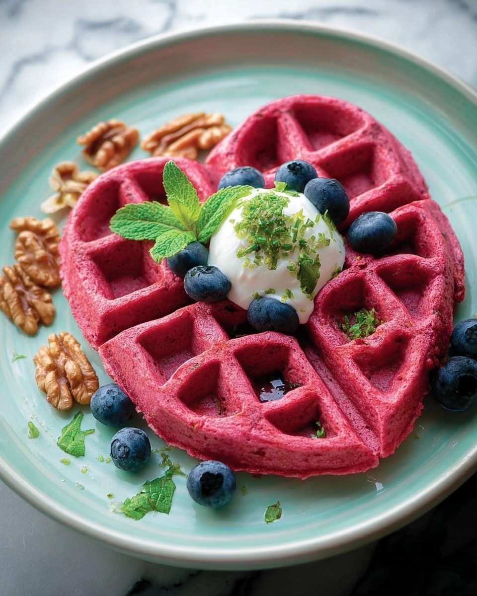 A bright pink waffle is placed in the center of a white plate with a slightly raised edge. The waffle has a clear grid pattern and is divided into four heart-shaped sections, creating depth and texture. On top of the waffle, there is a small dollop of white cream, slightly soft and smooth in texture, surrounded by fresh dark blue blueberries. Light green mint leaves and chopped green herbs are scattered on and around the waffle, adding freshness. There are light brown walnut pieces to the left side of the waffle, partly on the plate and partly next to the berries. The plate sits on a white marbled surface. Photo taken with an iphone --ar 4:5 --v 7