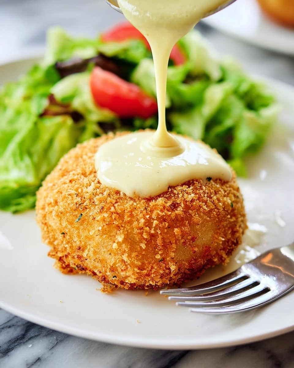 A white plate with a golden-brown, round bread roll covered in crispy breadcrumbs sits in the center. Creamy, light yellow sauce is being poured onto the top of the roll, forming a thick dollop. To the back left of the roll, there is a fresh salad made of green lettuce leaves and chunks of red tomato. A fork is placed on the right side of the plate, resting on the white marbled surface beneath. photo taken with an iphone --ar 4:5 --v 7