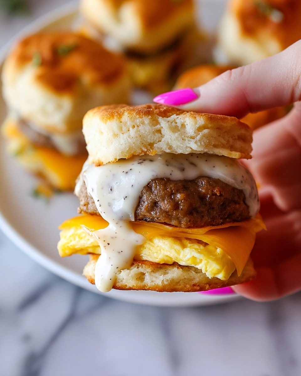 A close-up view of a small sandwich held by a woman's hand with pink nails, showing three layers: a top biscuit layer that is golden brown and soft, a middle layer featuring white creamy sauce with black specks dripping slightly on the side over a thick brown sausage patty, and a bottom layer of folded yellow egg with melted cheese, all stacked on a golden biscuit bottom. The sandwich sits on a white plate against a white marbled surface, with other similar sandwiches blurred in the background. photo taken with an iphone --ar 4:5 --v 7