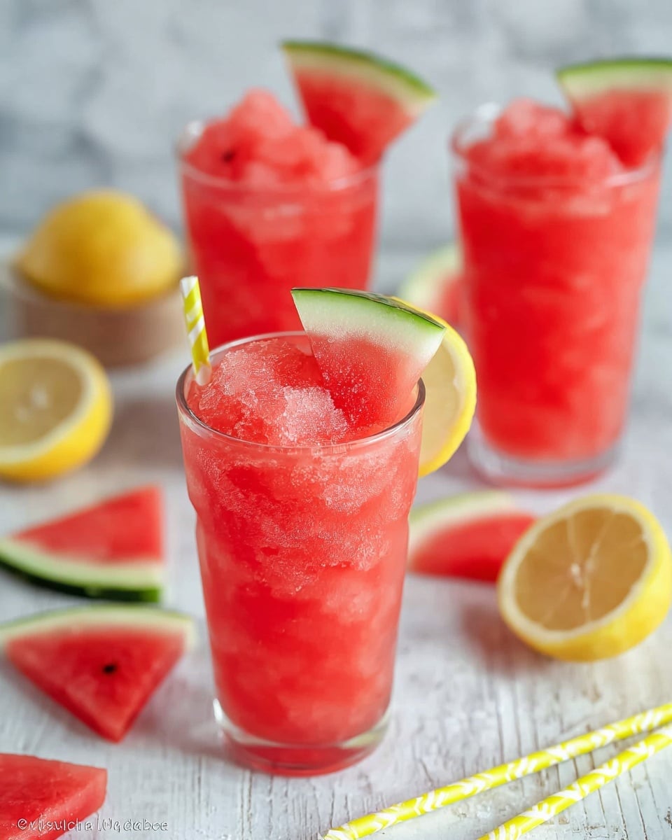 The image shows three clear tall glasses filled with bright red crushed watermelon ice. Each glass is topped with a small triangular slice of watermelon with green rind and pink flesh, and a thin wedge of yellow lemon placed beside the watermelon slice. The glasses sit on a white marbled texture with scattered lemon halves and several triangular watermelon pieces in the background. Two yellow striped straws are also placed on the surface near the glasses. photo taken with an iphone --ar 4:5 --v 7