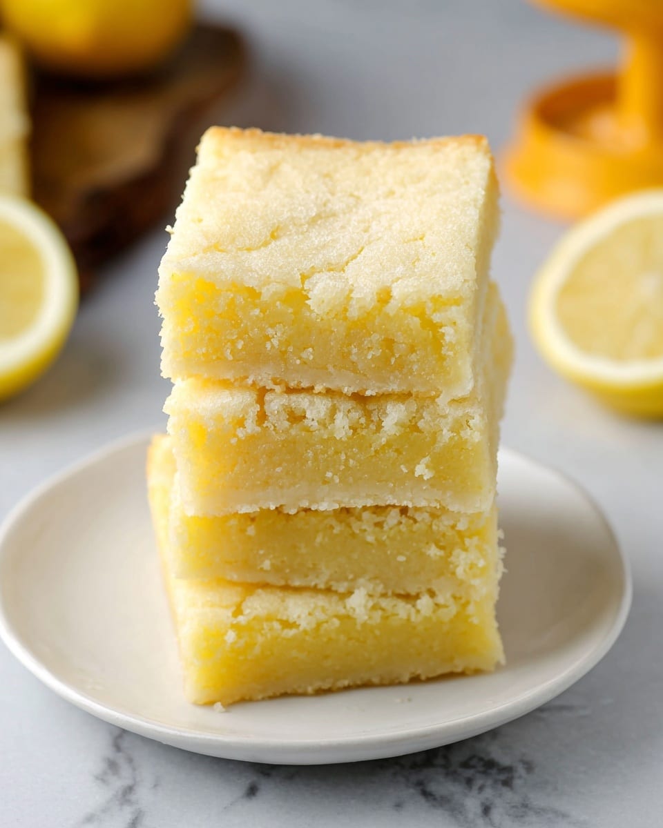 A stack of four square lemon bars is placed on a white round plate set on a white marbled surface. Each lemon bar layer has a pale yellow color with a slightly crumbly and soft texture, showing subtle cracks on the top. The bars appear thick and dense, neatly piled one on top of another. In the blurred background, there are a halved lemon and an orange juicer, adding fresh yellow tones to the setting. Photo taken with an iphone --ar 4:5 --v 7