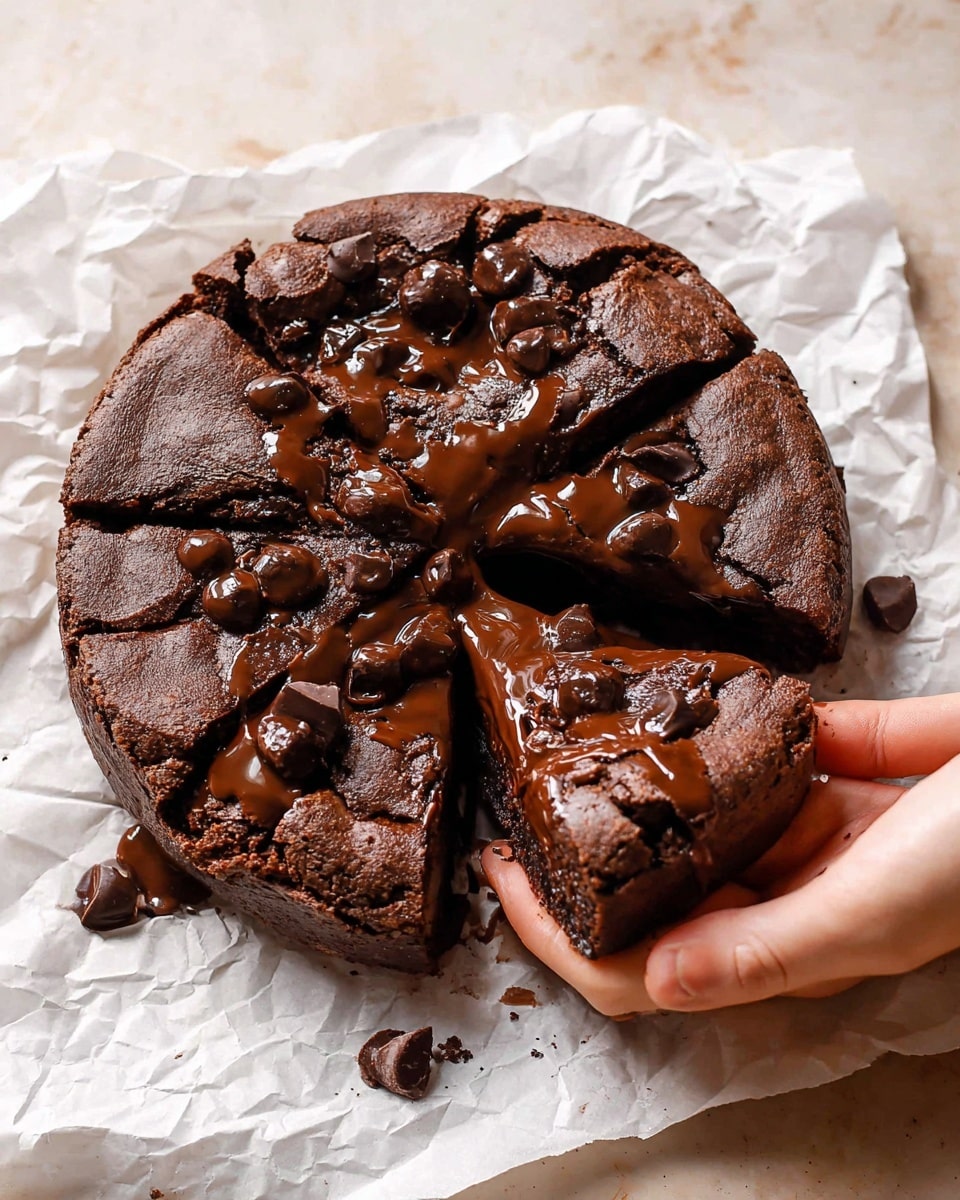 A round chocolate dessert is shown cut into triangular slices on a crumpled white paper that rests on a white marbled texture. The top layer is cracked with a dry, slightly matte dark brown crust with drops of shiny melted chocolate scattered on it. One slice is held by a woman's hand, showing the inside, which is gooey, moist, and glossy with rich melted chocolate swirls and chunks making it look soft and indulgent. photo taken with an iphone --ar 4:5 --v 7