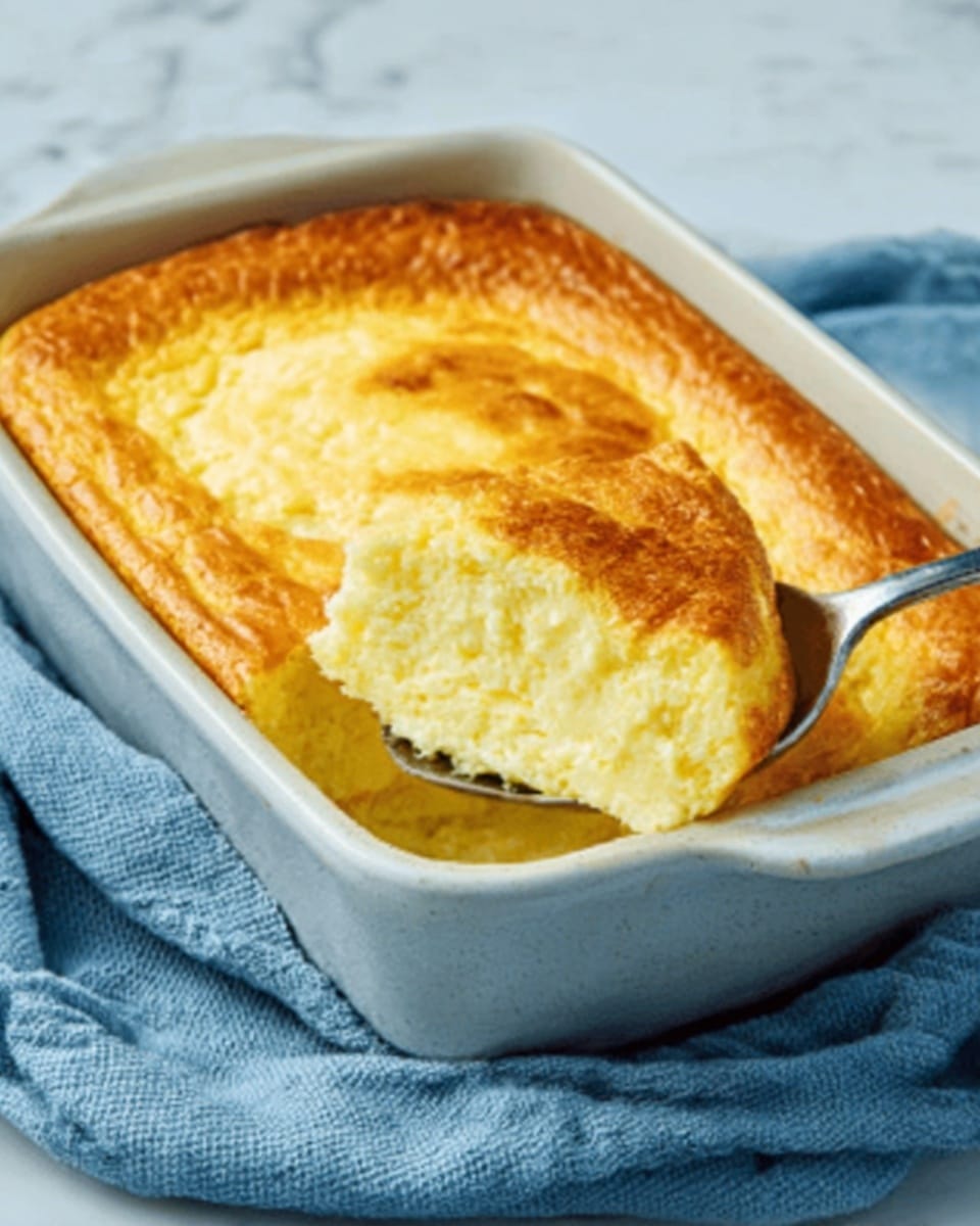 The image shows a white baking dish filled with a golden brown baked casserole that has a smooth, slightly puffed top layer with a baked crust. A silver spoon rests in the corner of the dish scooping out a portion, revealing a creamy yellow inside layer with a soft, smooth texture. The baking dish sits on a soft blue cloth on top of a white marbled surface. Photo taken with an iphone --ar 4:5 --v 7