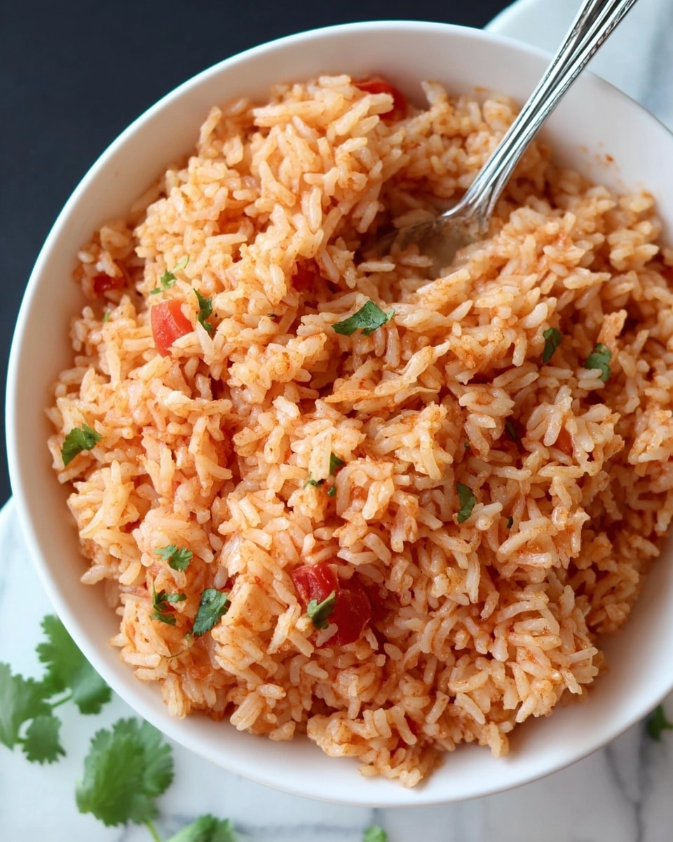 A close-up view of a white bowl filled with cooked rice mixed with small red tomato pieces, showing a soft and slightly moist texture with visible grains coated in a light reddish seasoning. The bowl is sitting on a white marbled surface with some green cilantro leaves scattered around for decoration. A silver spoon is partially visible, resting inside the bowl. photo taken with an iphone --ar 4:5 --v 7