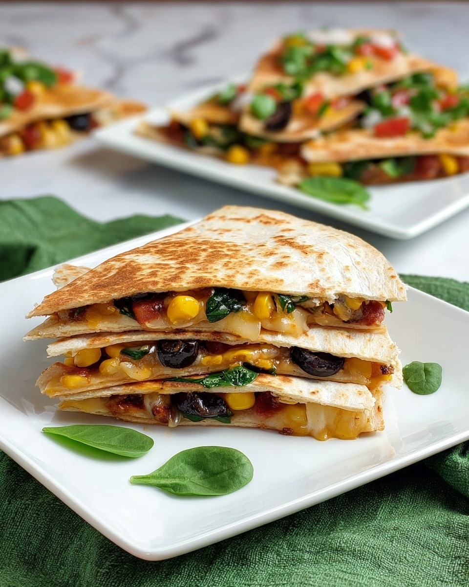 The image shows a white plate filled with several quesadilla slices stacked and slightly overlapping each other. Each quesadilla slice has a golden-brown grilled tortilla exterior with visible toasted spots. Inside, layers include bright yellow corn kernels, dark black beans, melted pale cheese, and bits of red salsa or tomato, all peeking out from the edges. To the left on the plate, there is a small white bowl filled with chunky red salsa mixed with green herbs. The plate is set on a white marbled surface with a red textured cloth underneath. Photo taken with an iphone --ar 4:5 --v 7