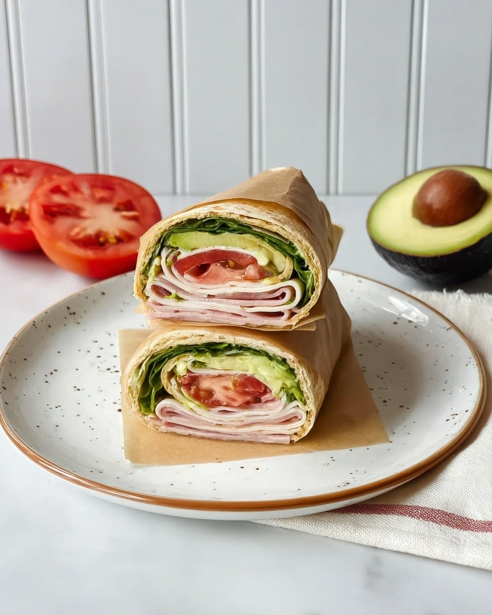 Two halves of a rolled wrap are placed on a large white plate with a brown rim, sitting on a dark grey woven mat over a white marbled surface. Each wrap has a yellow outer egg layer sprinkled lightly with chopped green herbs. Inside, the layers from outside to inside show fresh green leafy spinach, a thin layer of light pink turkey meat, bright orange cheddar cheese, white creamy spread, and small red tomato pieces in the center. Next to the wraps, three halved cherry tomatoes add a pop of red color, while more finely chopped green herbs are scattered around the plate. A white cloth with blue stripes is casually draped in the background. photo taken with an iphone --ar 4:5 --v 7