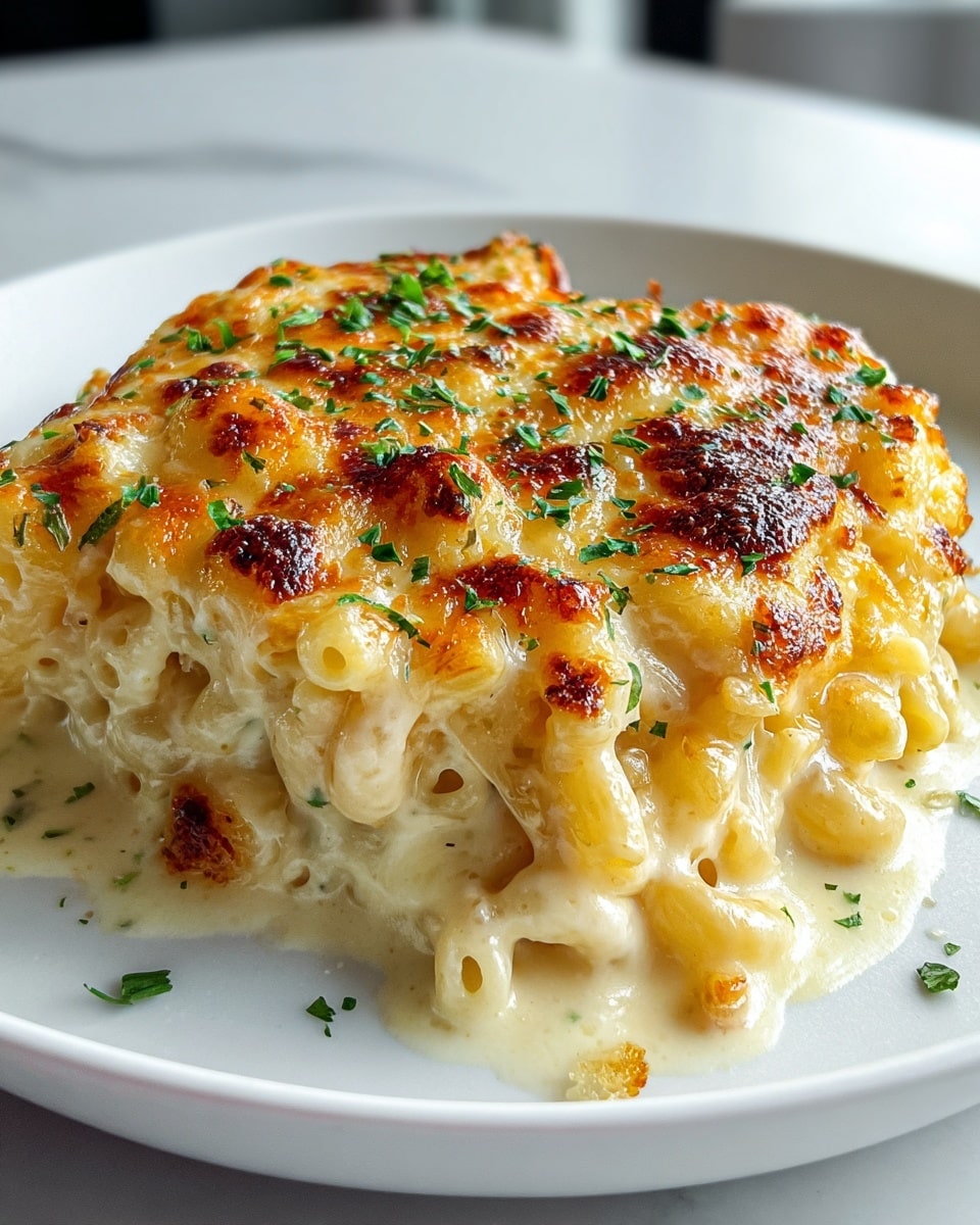 A close-up view of a single-layer macaroni and cheese dish on a white plate placed on a white marbled surface, showing the creamy pasta beneath a golden brown cheese layer. The macaroni pasta is visible in a pale creamy sauce at the bottom, topped with a thick, bubbly cheese crust that has toasted spots of deep brown and lighter yellow. Small green herb sprinkles are scattered on the top, adding a fresh contrast to the warm cheese colors. The side edges show some cheese sauce slightly spilling onto the plate. Photo taken with an iphone --ar 4:5 --v 7
