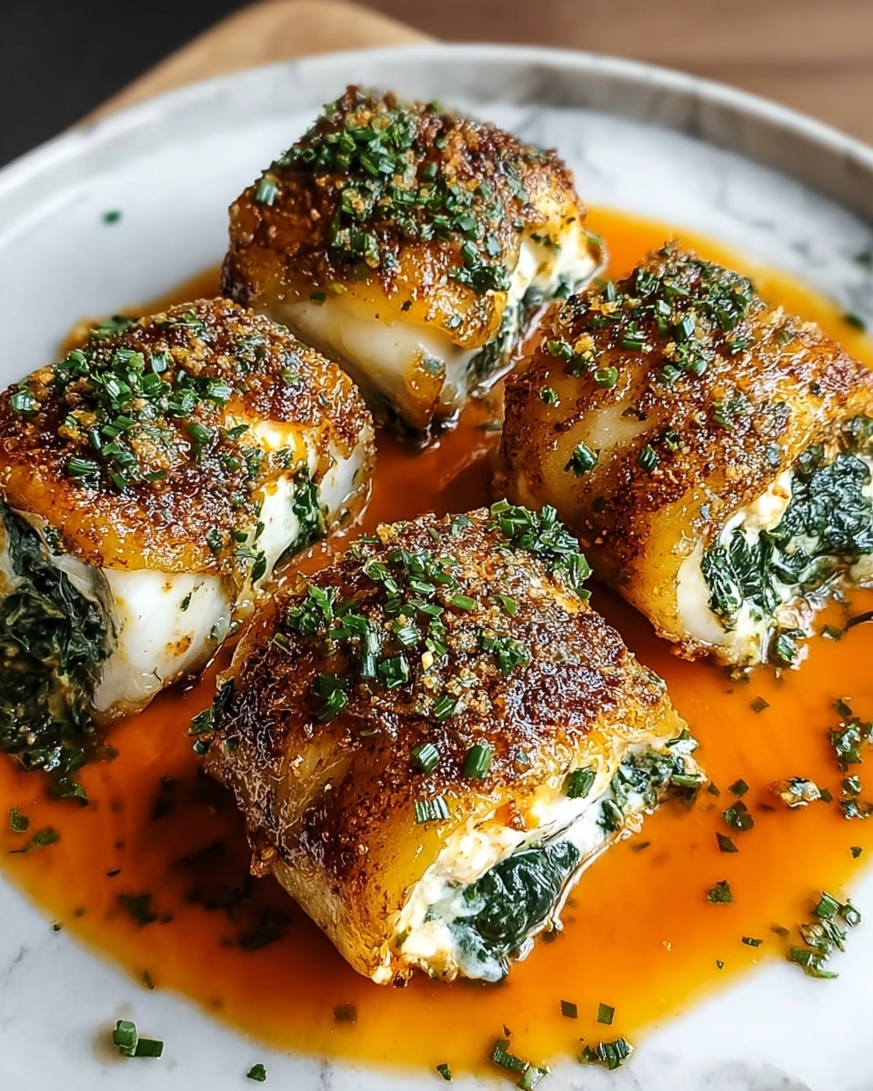 Three pieces of golden-brown, crispy stuffed fish rolls are arranged side by side, each with a visible filling of white and green creamy spinach mixture, topped with finely chopped green herbs. The fish has a slightly charred texture giving it a crunchy look, sitting in a smooth, orange-red sauce below. The dish is presented on a white marbled surface for contrast, emphasizing the warm colors and textures of the fish and sauce. photo taken with an iphone --ar 4:5 --v 7
