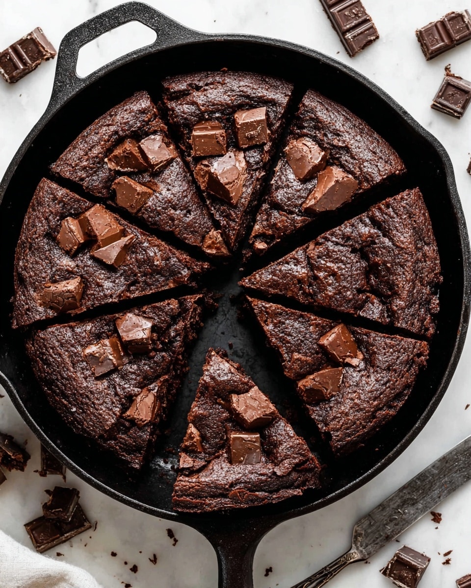 A round chocolate skillet brownie is cut into eight thick, triangular slices inside a black cast iron pan. The brownie is dark brown with a slightly cracked top and studded with chunky melted chocolate pieces unevenly spread over the surface, adding a rich texture. One slice is slightly lifted, showing the dense, moist, and gooey texture inside with a rough crumb. The pan sits on a white marbled surface with scattered chocolate chunks and an old knife next to it. photo taken with an iphone --ar 4:5 --v 7