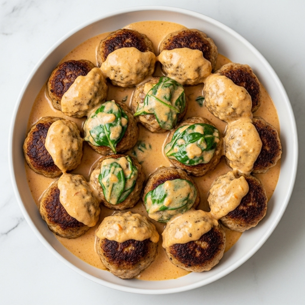 A white bowl filled with seven round meatballs covered in a thick, creamy light brown sauce with a smooth texture. The meatballs are golden brown and partially visible under the sauce. Fresh green parsley leaves are scattered on top of the meatballs and sauce, adding a pop of green color. The bowl is placed on a white marbled surface with some green parsley slightly blurred in the background. photo taken with an iphone --ar 4:5 --v 7