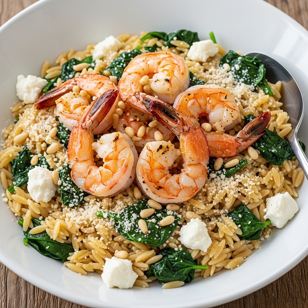 A shallow white bowl filled with a base layer of light golden orzo pasta mixed with small wilted dark green spinach leaves and scattered creamy white chunks of cheese. On top of the pasta sit several large, well-cooked shrimp that have a pink-orange color with some charred brown spots, arranged in the center. Lightly toasted pine nuts are sprinkled over the entire dish, adding small pale tan spots. A fine dusting of white grated cheese covers parts of the pasta and shrimp. The bowl is placed on a rustic wood surface. A silver spoon is partially visible on the right side inside the bowl. photo taken with an iphone --ar 4:5 --v 7