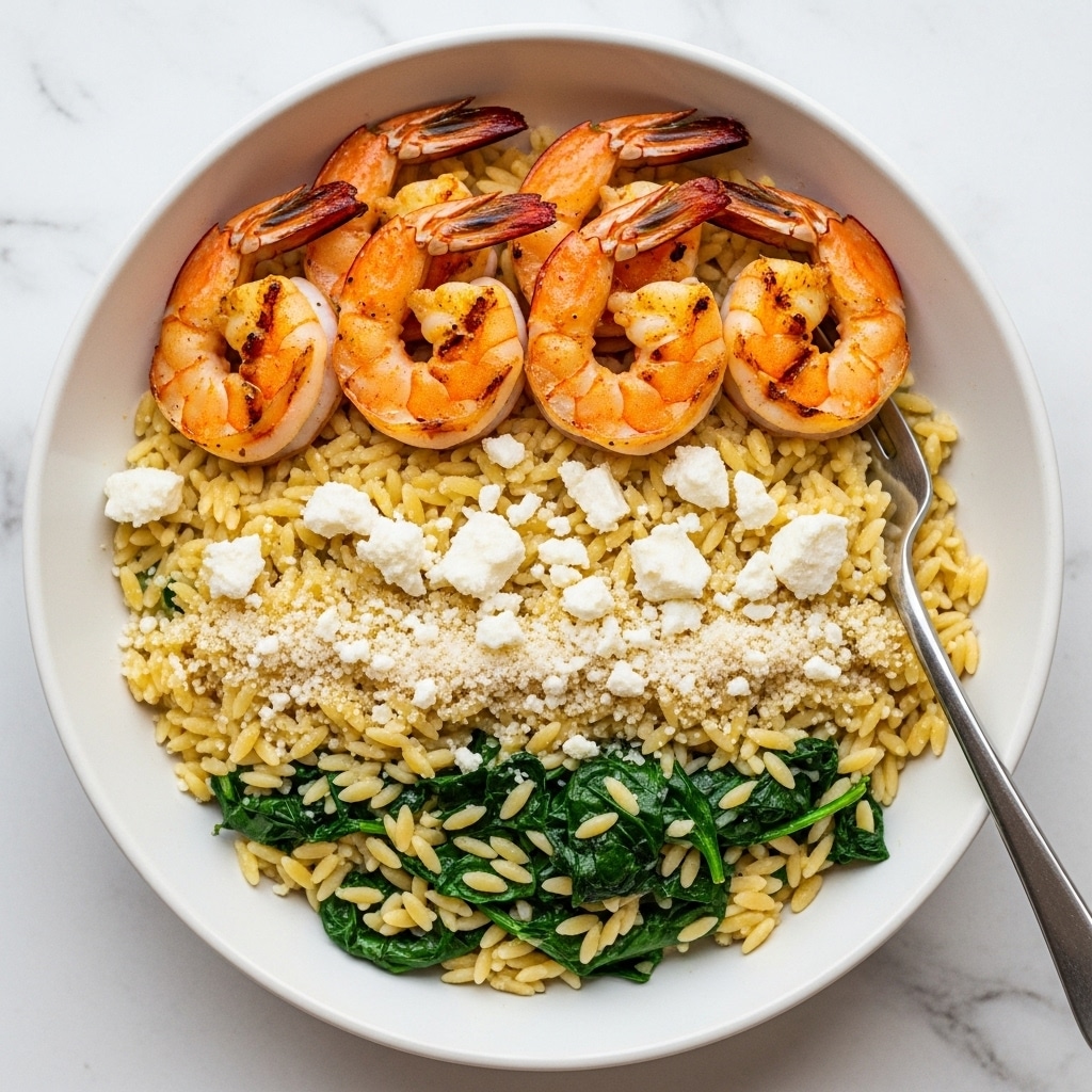 A round white bowl filled with a dish that has three main layers: at the bottom, a layer of small, light yellow orzo pasta mixed with dark green spinach leaves; on top of this is a scattering of white feta cheese chunks and a light sprinkle of grated cheese that adds a snowy texture; sitting on the top layer are six large, golden-brown grilled shrimp arranged in a slight circle, their slightly shiny and crisp-edged bodies showing grill marks. A metal fork is placed inside the bowl, resting on the pasta near the right edge. The whole bowl is set on a white marbled textured surface, creating a clean and fresh background. Photo taken with an iphone --ar 4:5 --v 7