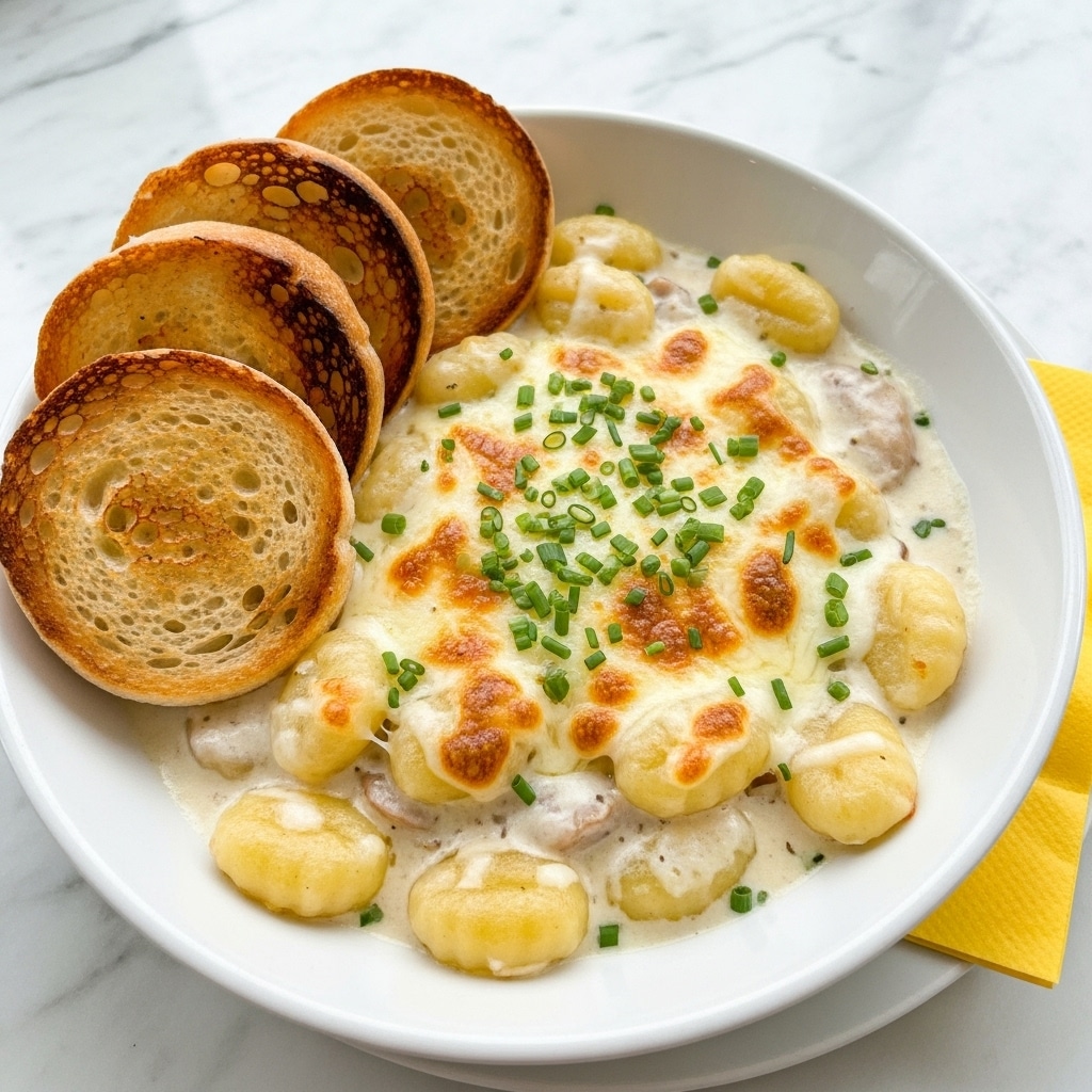 The dish shows a white bowl filled with creamy, cheesy gnocchi, lightly browned on top with melted cheese and small bits of green chives scattered over. On one side of the bowl, there are three toasted round slices of bread with a golden-brown crust and a soft interior. The bowl sits on a white marbled surface, and part of a yellow item is visible near the edge. photo taken with an iphone --ar 4:5 --v 7