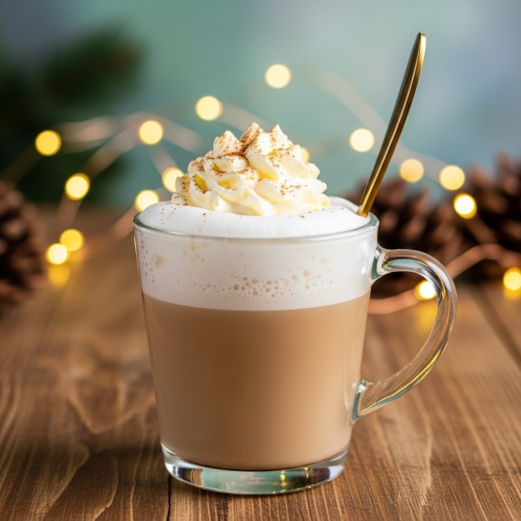 A clear glass cup filled with a light brown coffee base making up the bottom half, topped with a thick, creamy white foam layer filling most of the rest of the cup, with a large dollop of whipped cream on top that has a slightly yellow tint and a dusting of light brown powder. A shiny gold spoon is placed inside the cup, leaning against the rim. The cup sits on a wooden table with a blurred background featuring green and blue hues and twinkling warm white fairy lights, along with some out-of-focus brown pinecones. photo taken with an iphone --ar 4:5 --v 7