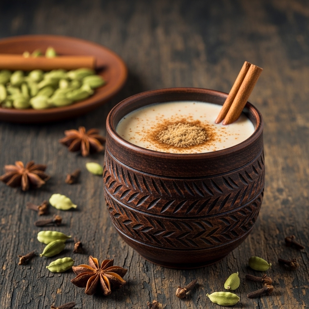 A dark brown, rough textured cup with carved patterns holds a creamy light beige drink topped with a sprinkle of fine brown powder and a cinnamon stick on the right side. The cup sits on a dark, worn wooden surface scattered with star anise, green cardamom pods, and cloves. In the background, there is a small round wooden plate also holding some cardamom pods. photo taken with an iphone --ar 4:5 --v 7