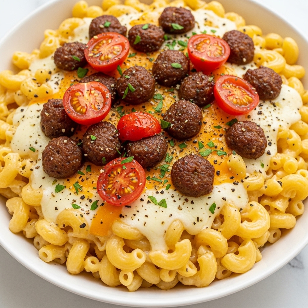A close-up view of a creamy mac and cheese dish with three main layers visible: a bottom layer of golden, soft macaroni pasta, a middle layer of melted white and yellow cheese blending together smoothly, and a top layer of browned sausage pieces and halved red cherry tomatoes scattered unevenly. The dish is garnished with small green herb flakes and black pepper, adding texture and color contrast. The food is served in a white bowl, placed on a white marbled surface. Photo taken with an iphone --ar 4:5 --v 7