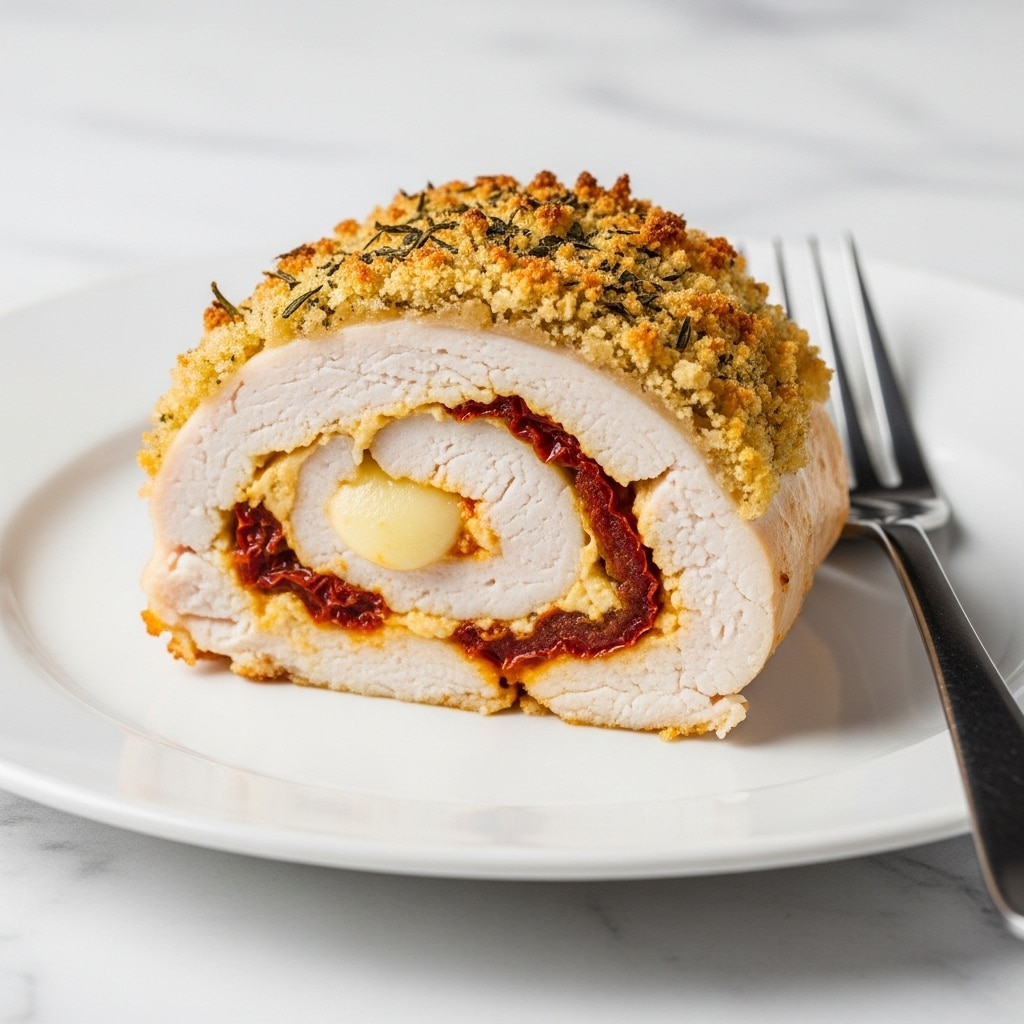 A close-up of a stuffed chicken breast slice on a white plate placed on a white marbled surface. The chicken is rolled with visible layers, starting with a thick layer of white cooked chicken meat on the outside, filled with a creamy mixture that includes chunks of red sun-dried tomatoes and melted cheese. The top layer is a golden-brown, crispy breadcrumb crust sprinkled with herbs. Next to the chicken slice is a silver fork resting on the plate's edge. Photo taken with an iphone --ar 4:5 --v 7
